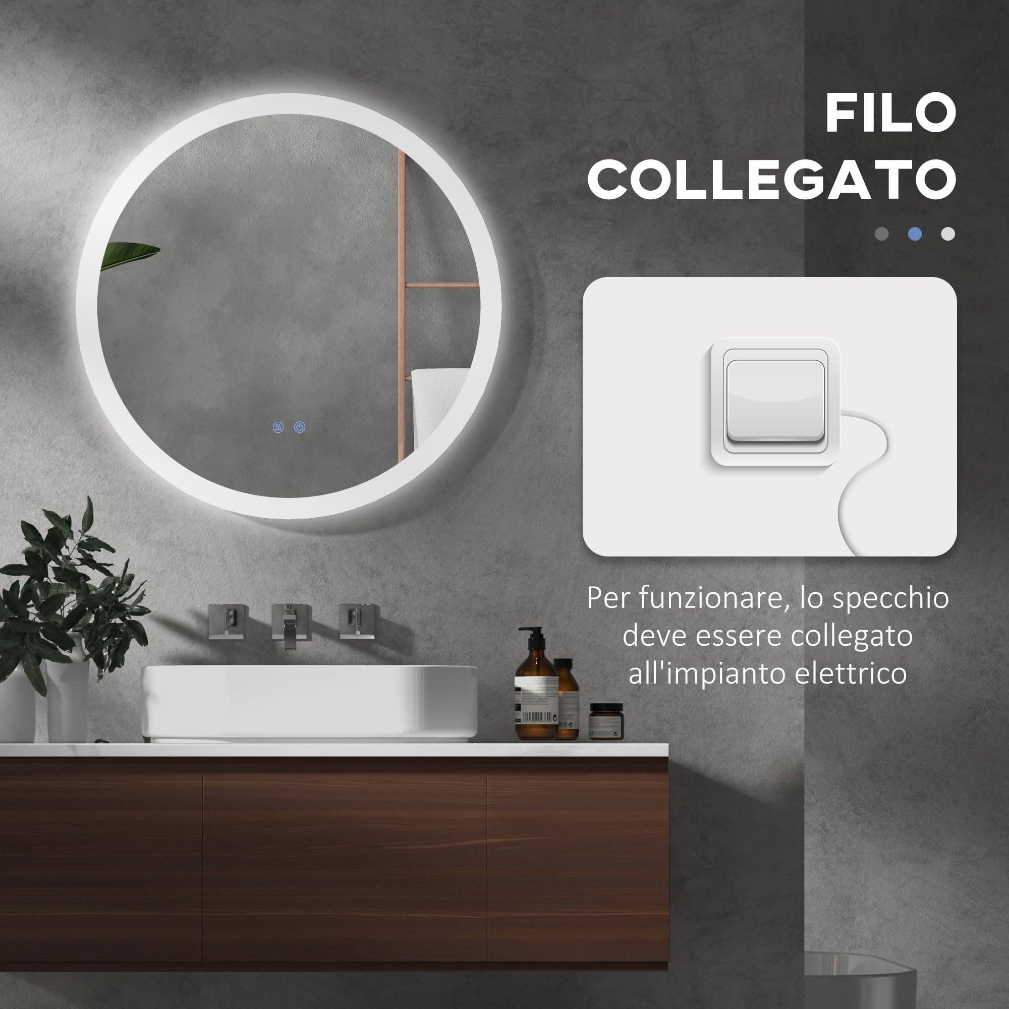 kleankin Specchio Bagno Rotondo con Luce LED Ø70cm, 3 Colori Luce, 3000-6500K, Interruttori Touch, Specchio da Parete Antideflagrante con Luminosità Regolabile, Funzione Memoria, Antiappannamento