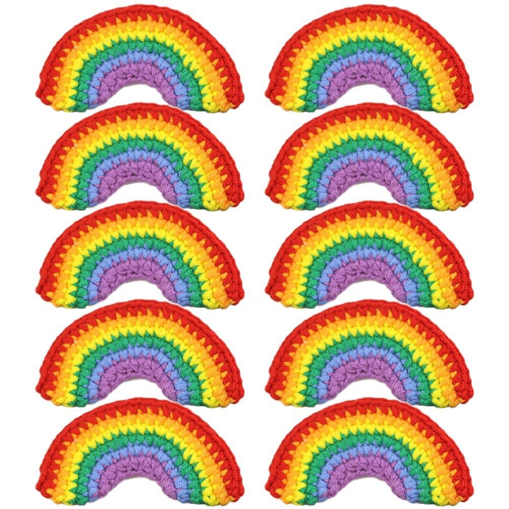 Fituenly 10pcs Crochet Rainbow Floral Applique Patches, Handmade Sew on Flower Embellishment for Clothing, Diy Embroidery Patch for Hats Bags