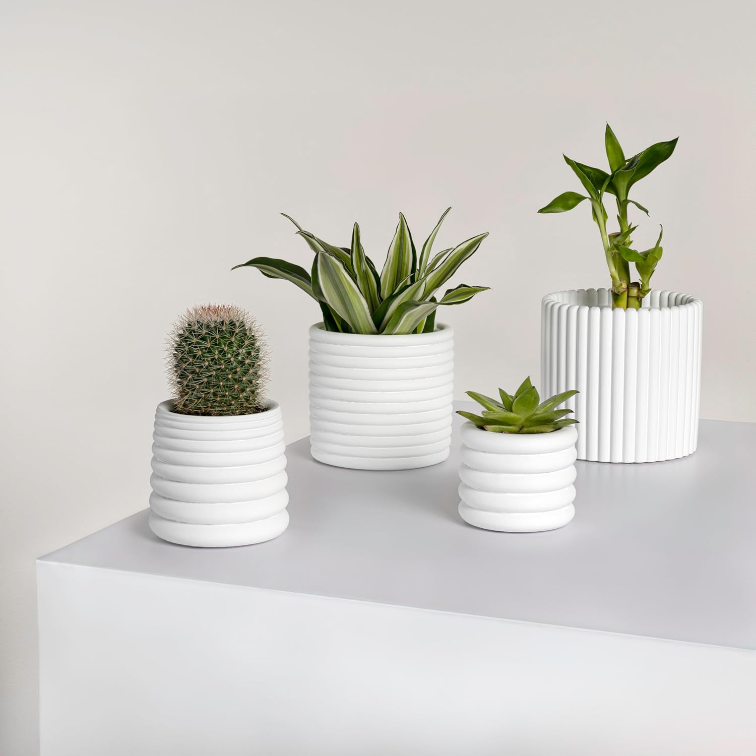 JONATHAN Y Silas Modern Minimalist Handmade Concrete Fluted Sculptural Cylinder Planter Set with Drainage Holes, Matte White (Set of 4) (PLN1000B-4SET)