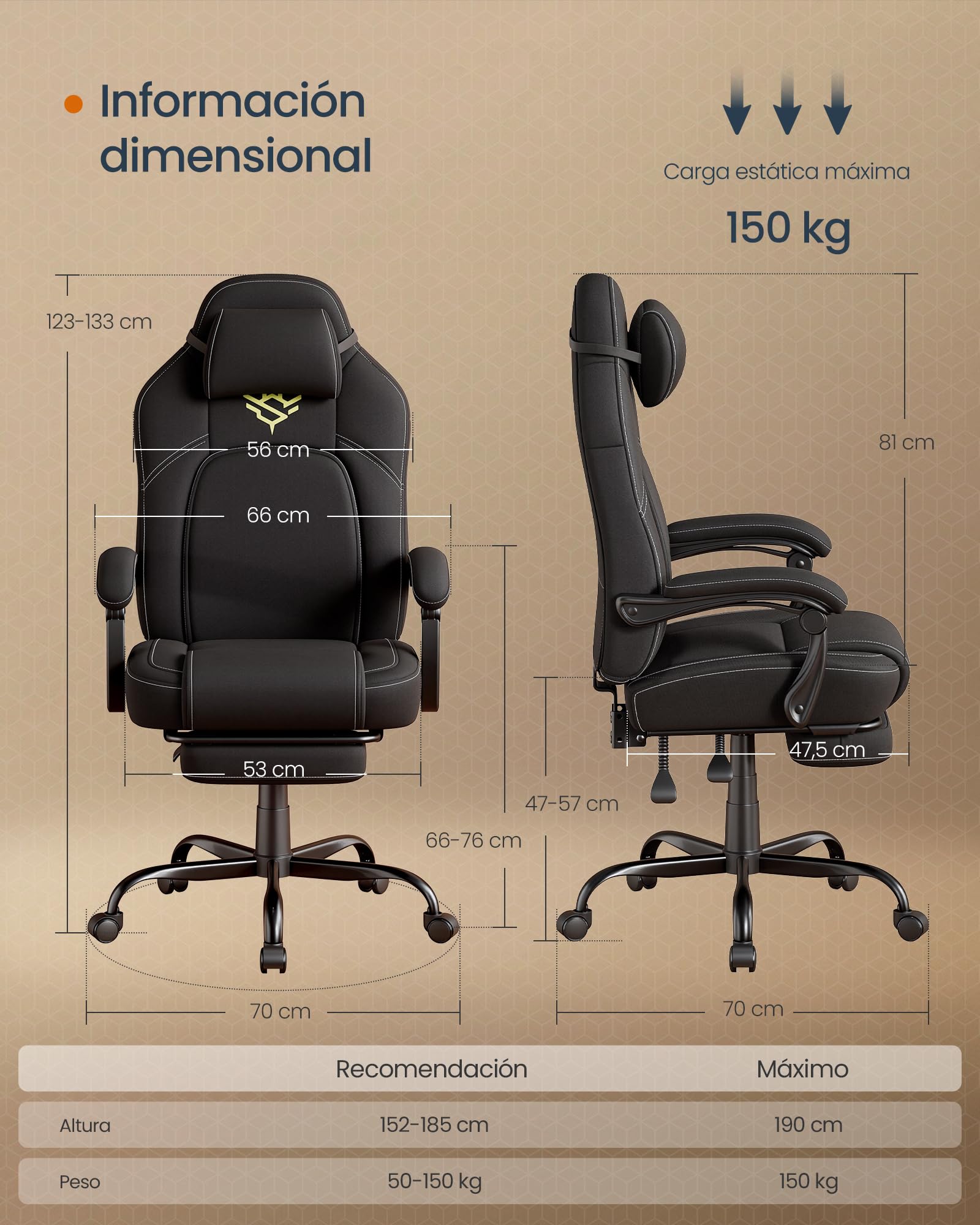 SONGMICS Home Silla de Juegos, Silla Racing Ergonómica para Ordenador con Reposapiés, con Reposacabezas, Tela de Algodón y Lino, Altura Ajustable, Negro Tinta OBG072BH03