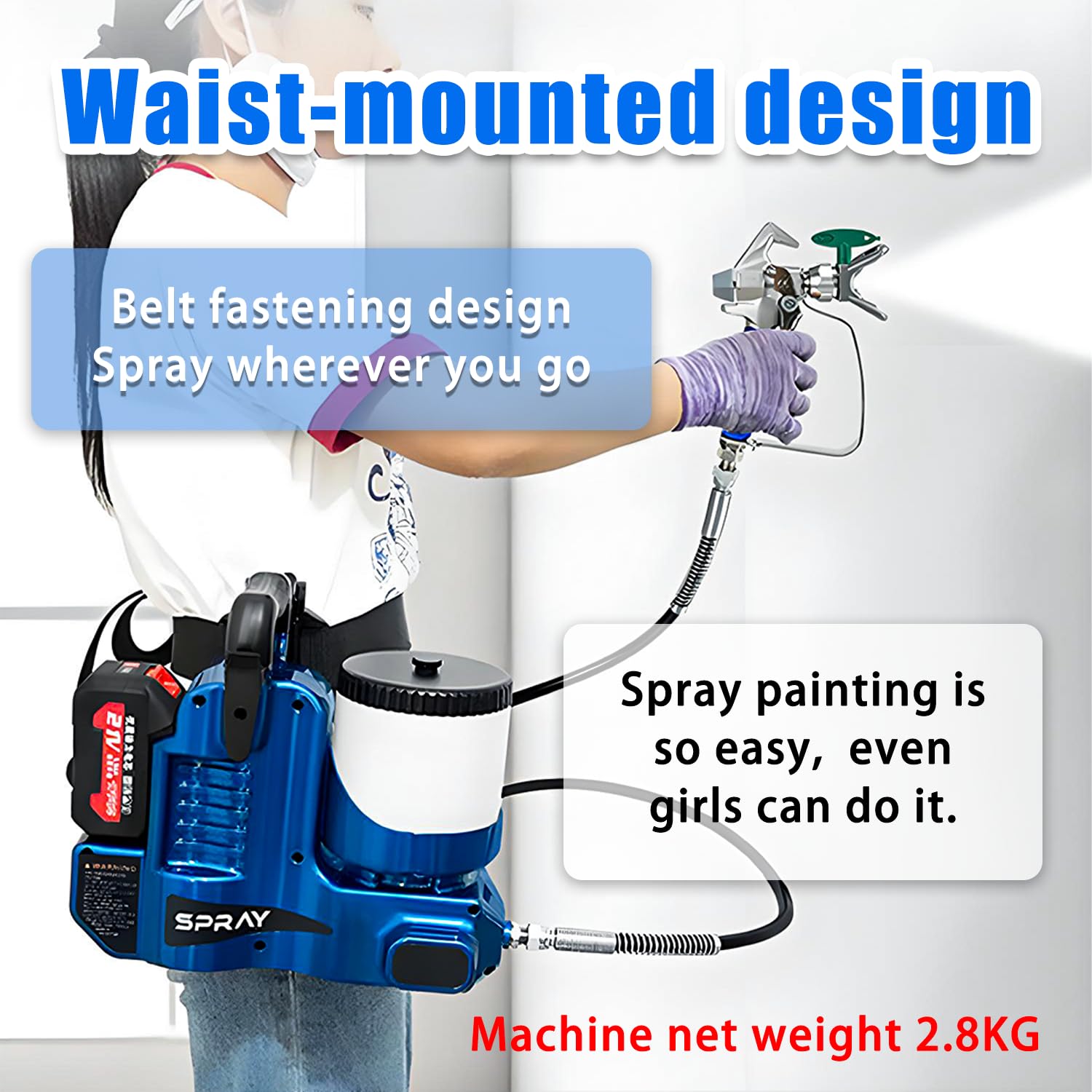 Pulverizador Airless inalámbrico y Pistola de Pintura eléctrica, Alto caudal de 2 l/min, Modos de Mano y de Correa, para reformas domésticas y proyectos de Bricolaje.