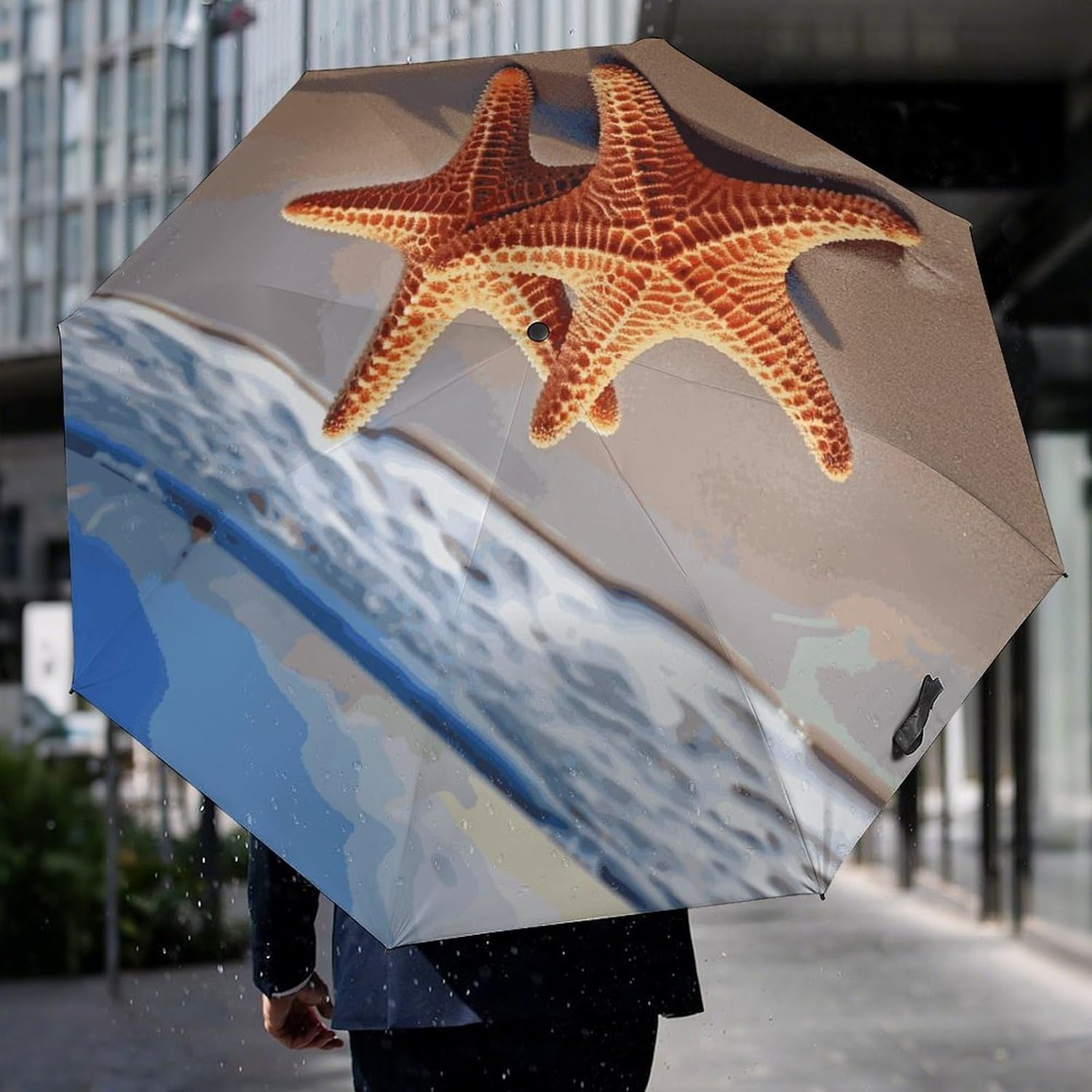 Starfish on The Beach Umbrella Extra Large Folding, Travel Umbrella Windproof, Compact, Golf Umbrella With Unique Patterns, Fashionable And Beautiful for Men And Women.