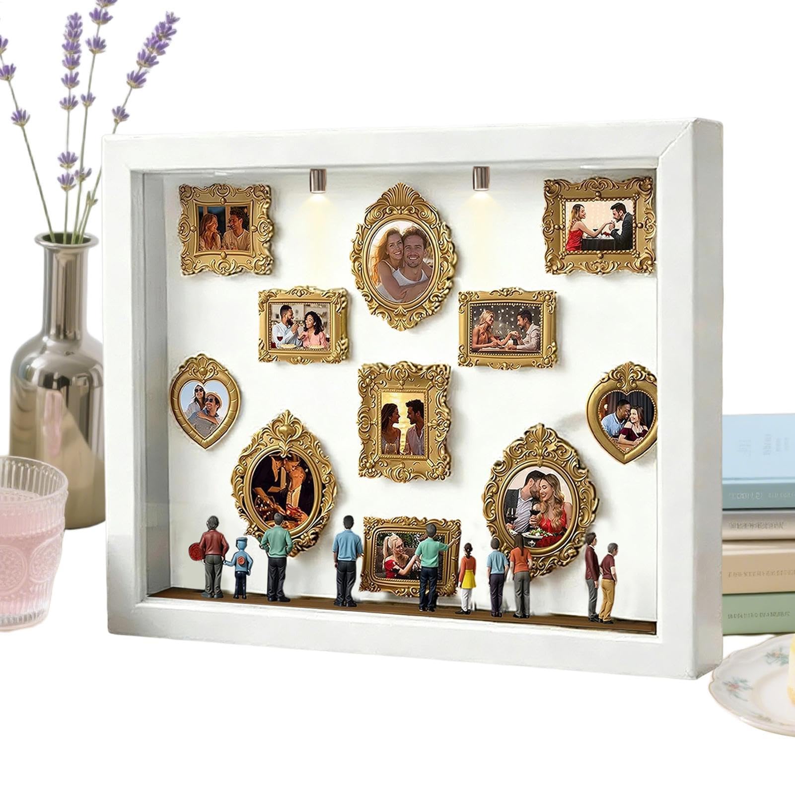 Genérico De Silueta De Mini Museo, Estuche De Fotos De Recuerdo Con Luz LED, 11 Piezas De Marcos Miniaturas Con 8 Figurillas, Para Decoración Del Hogar, Bodas Y Cumpleaños Familiares