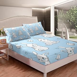 Feelyou Kids Rabbit Bedding Sheets Cute Rabbit Heart Bed Sheet Set for Boys Girls Watercolor Cartoon Wild Animal Decor Bedding Fitted Sheet Blue Bed Cover Bedroom Collection 2Pcs Twin Size