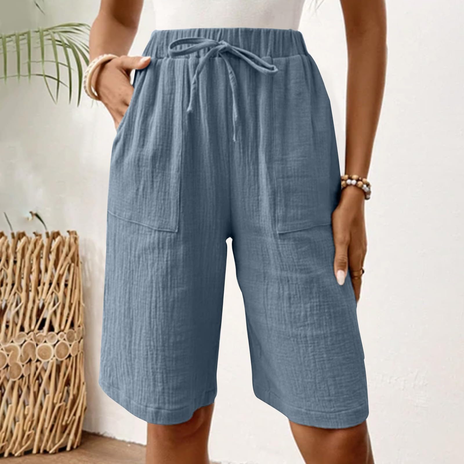 APRDFEU Bermuda Shorts for Women Knee Length High Waisted Baggy Shorts with Pockets Cotton Linen Summer Casual Lounge Outfits — view 2