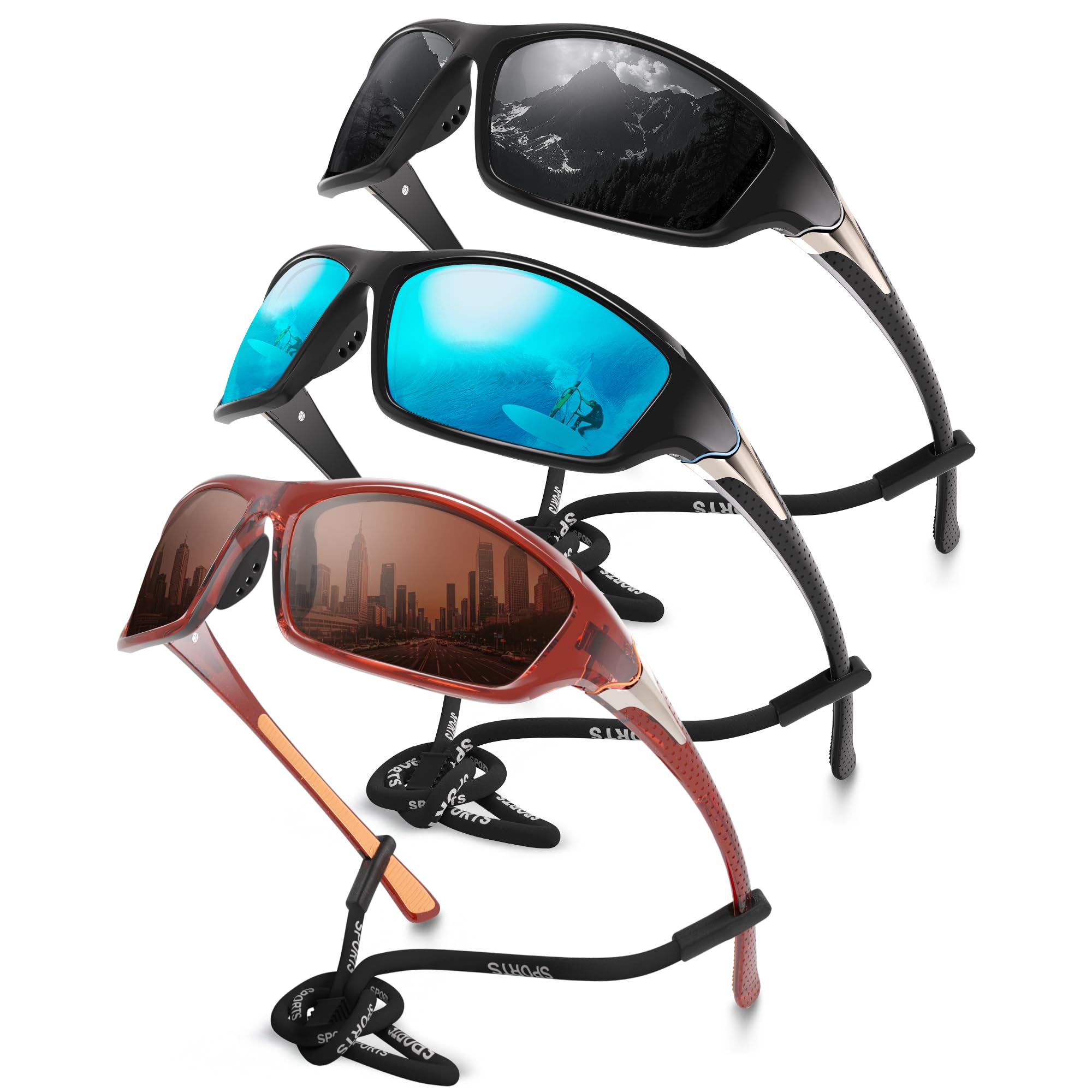 Lot de 3 lunettes de soleil polarisées pour homme et femme, lunettes de soleil de sport avec protection UV pour baseball, cyclisme, course à pied