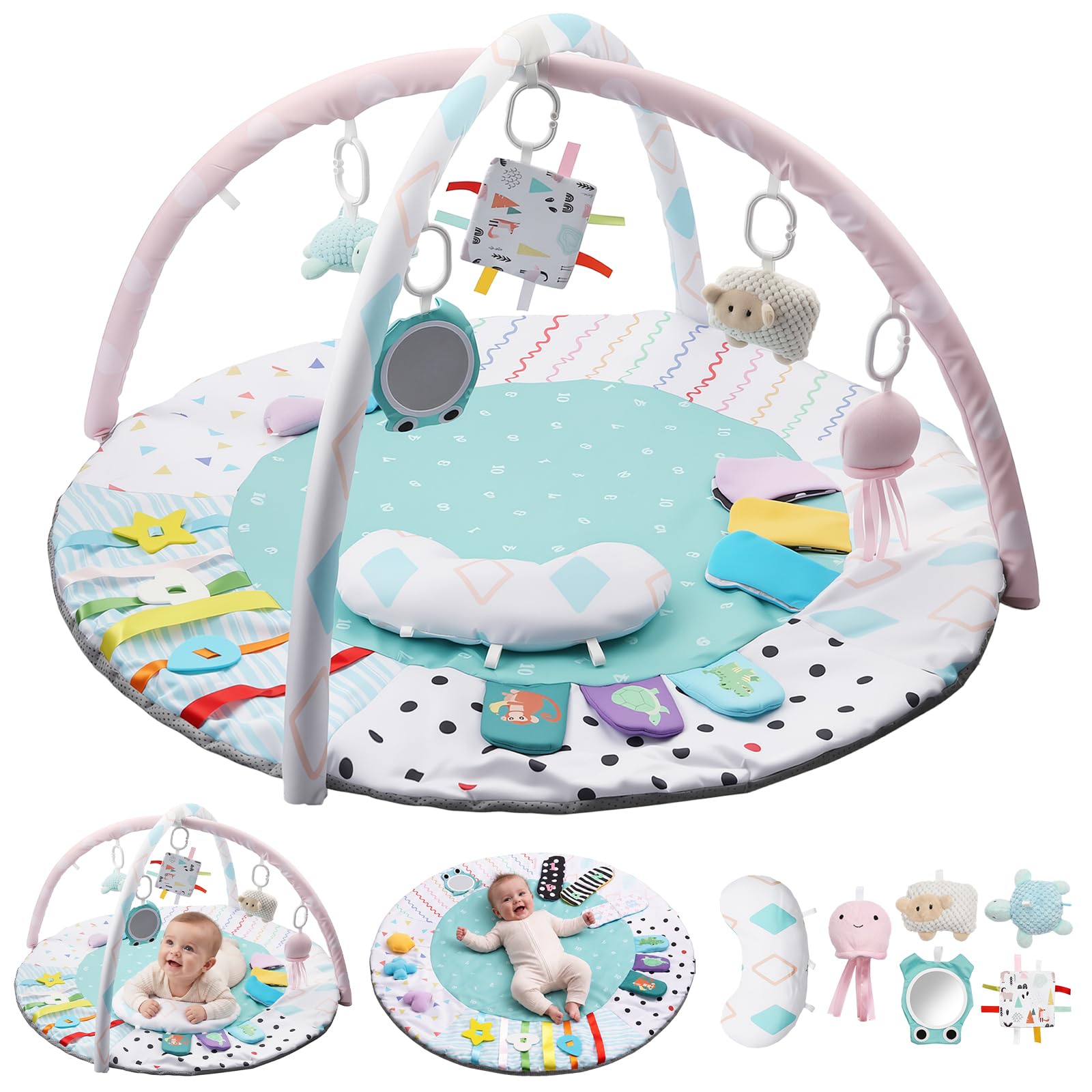 FUNYKICH Gimnasio para Bebé 0-18 meses con Alfombra Antideslizante | 95x95x52cm, 5 Juguetes Colgantes+Espejo+Almohada, Lavable a Máquina, Regalo para Recién Nacido, para Desarrollo Cerebral