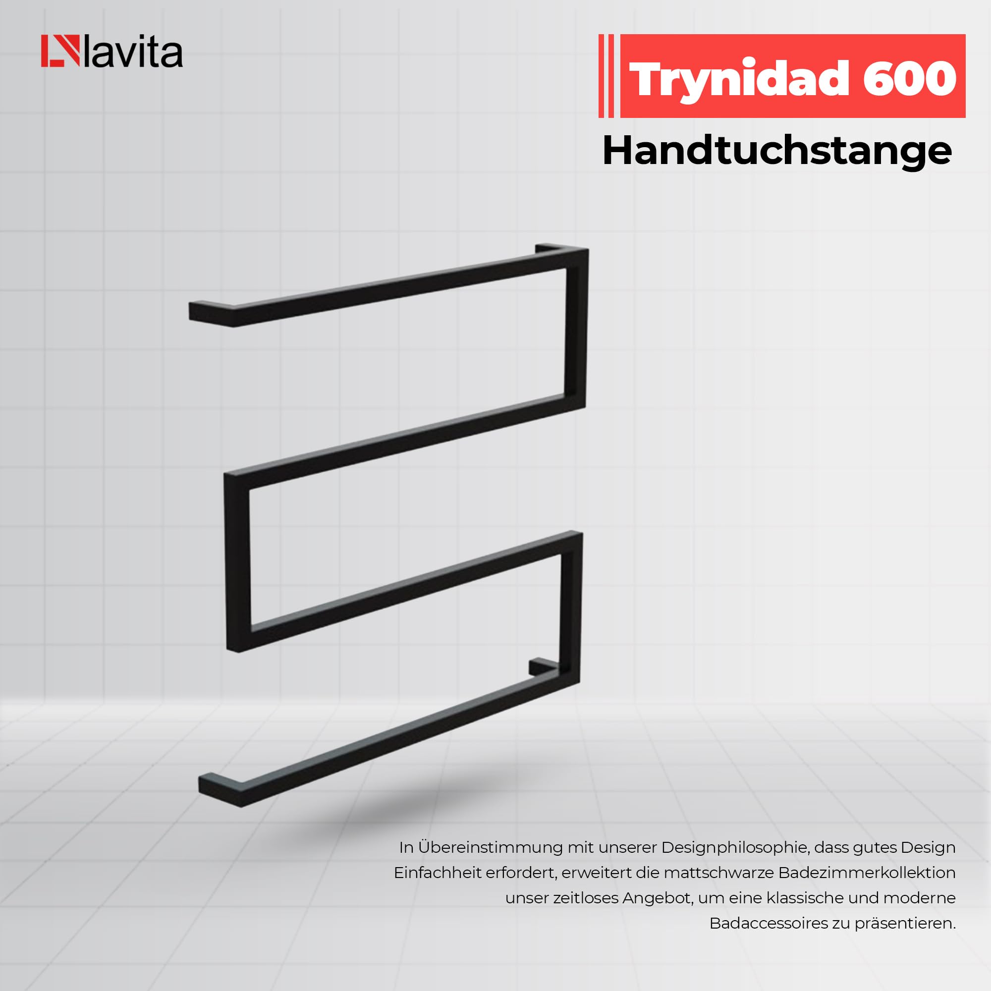 LAVITA TRYNIDAD 600 Toallero | Negro Mate | Diseño sencillo | Acero al carbono con recubrimiento en polvo | Ahorra espacio | Ideal para la decoración de baño pequeño | Muebles de baño | 600 x 70 x 560