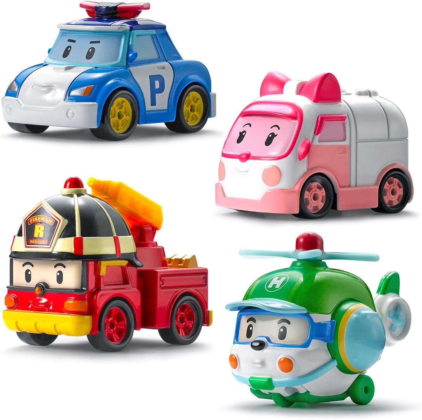 Robocar Poli Toys, [4 Pack Bundle] Die-Cast Metal Toy Cars Mini Racers Rescue Team, Poli + Amber + Roy + Helly (Non-Transforming Diecast Vehicles), Kids for Ages 3 and up