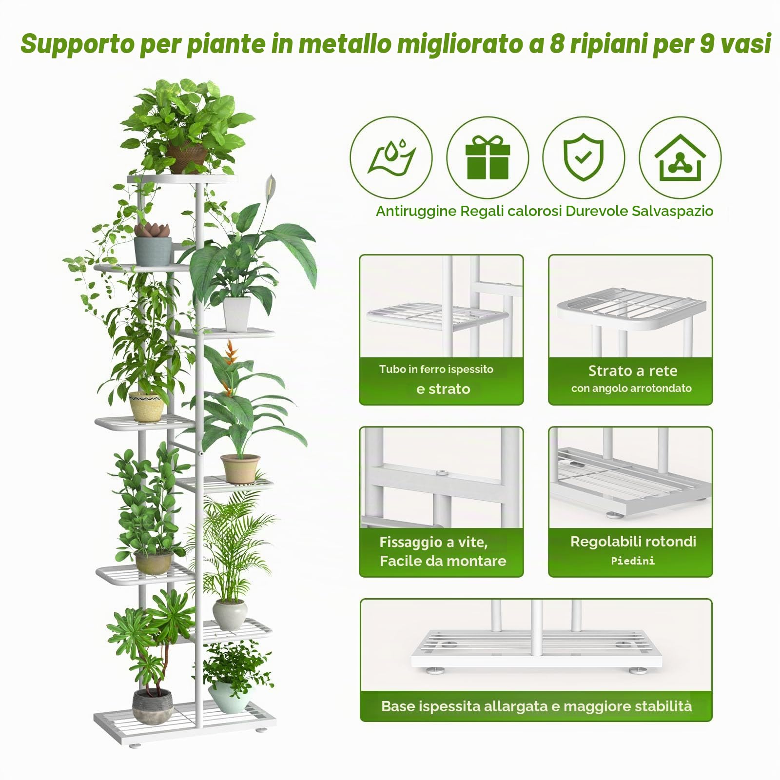 8 Livelli Porta Piante da Interno Esterno con Attrezzi da Giardino e Guanti, 141cm Supporto per Piante Fioriera in Metallo Scaffale Angolare Piedistallo per Piante Vasi da Balcone, Bianco