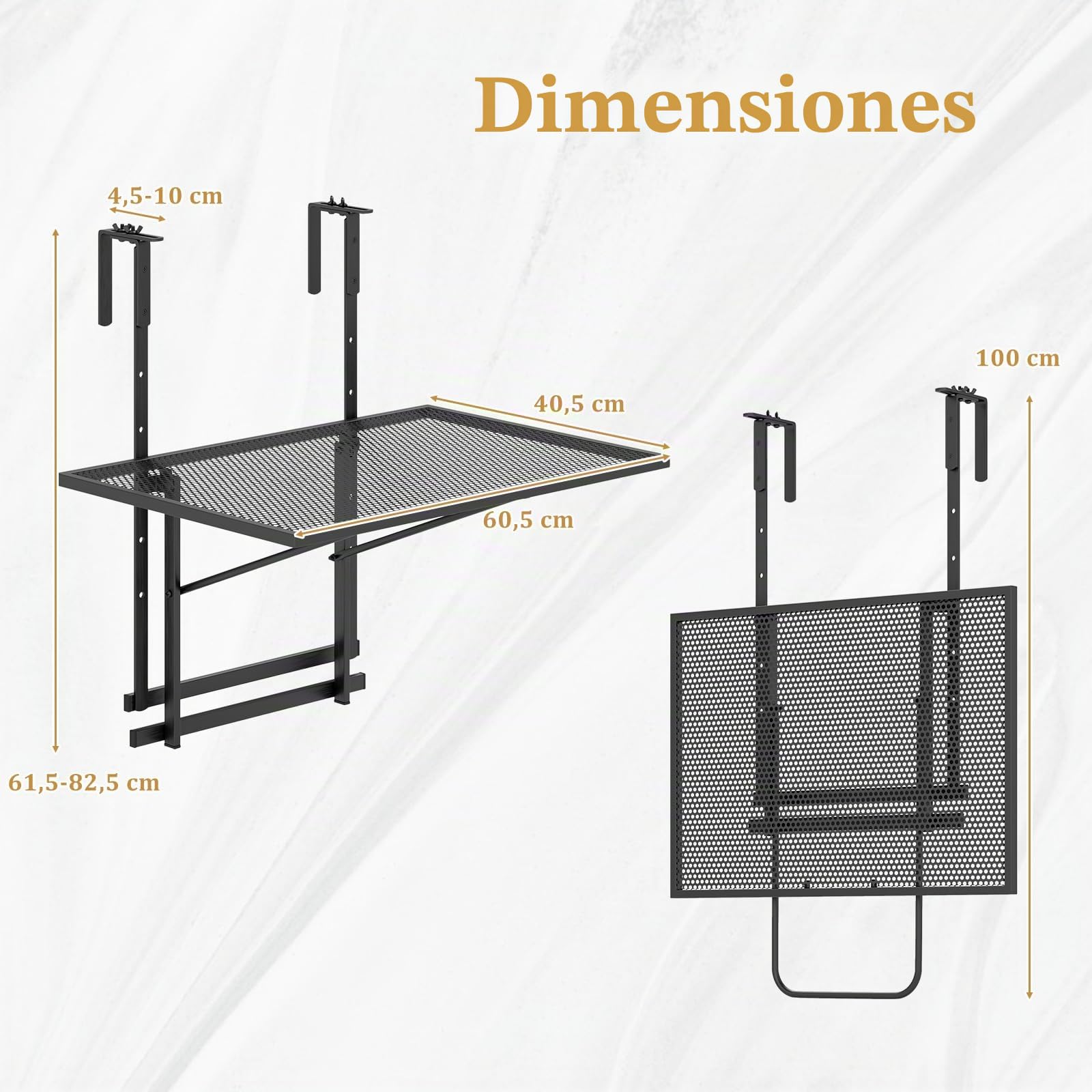 GIANTEX Mesa de Balcón Plegable, Mesa Auxiliar Metálica para Barandilla | 60,5x40,5x82,5cm, Mesita con 5 Alturas Ajustables, Marco de Metal, Tablero de Malla, para Terraza