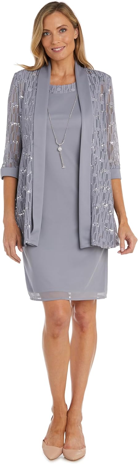 Formal Solid Knee Length Sheath Dress & Lace Jacket W/Stripe Dot Sequin