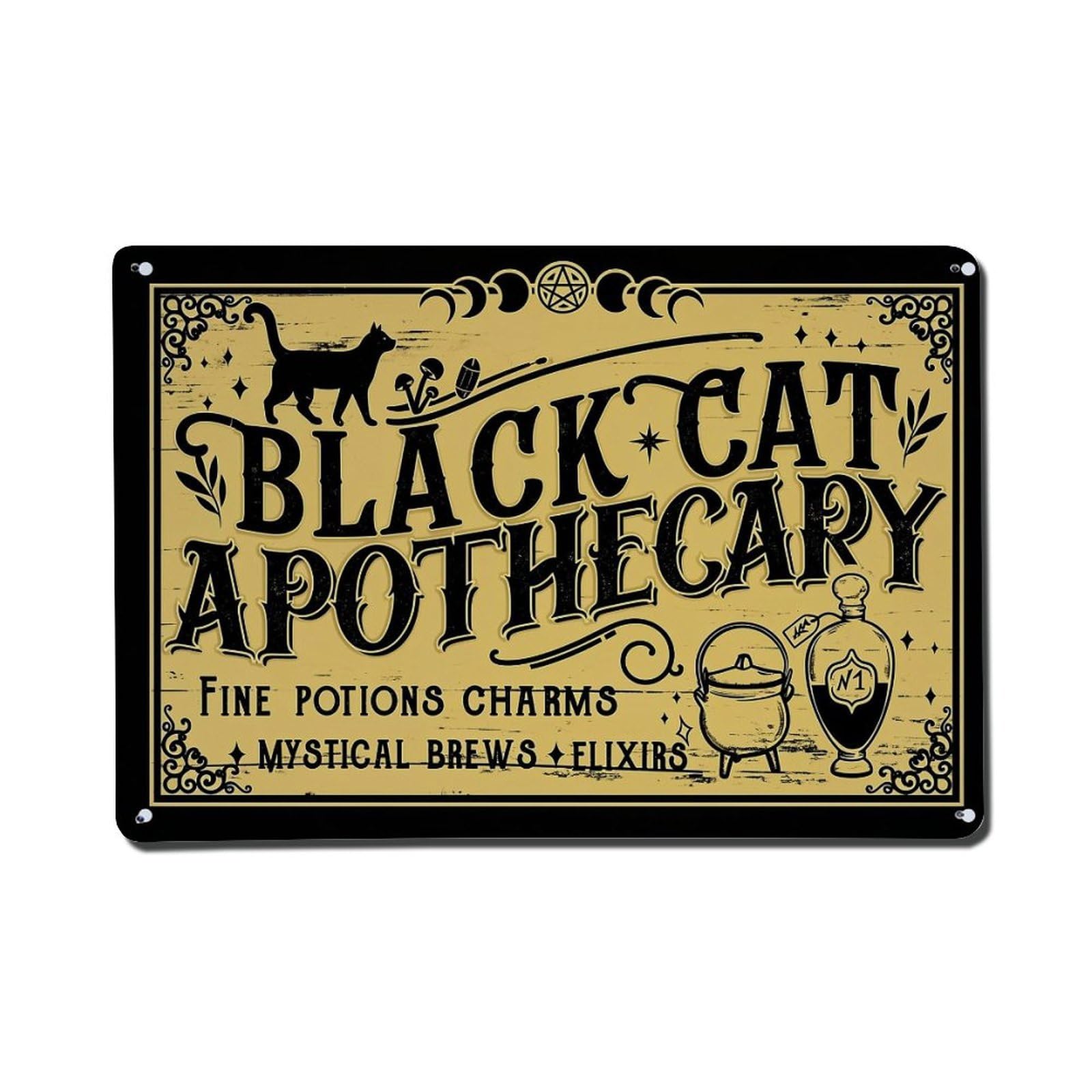 Nestemfo Vintage Black Cat Apothecary Sign Tin Sign Metal Sign, Living Room,Bar, Home, Bedroom Wall Decor,Retro Metal Poster 8X12 Inches