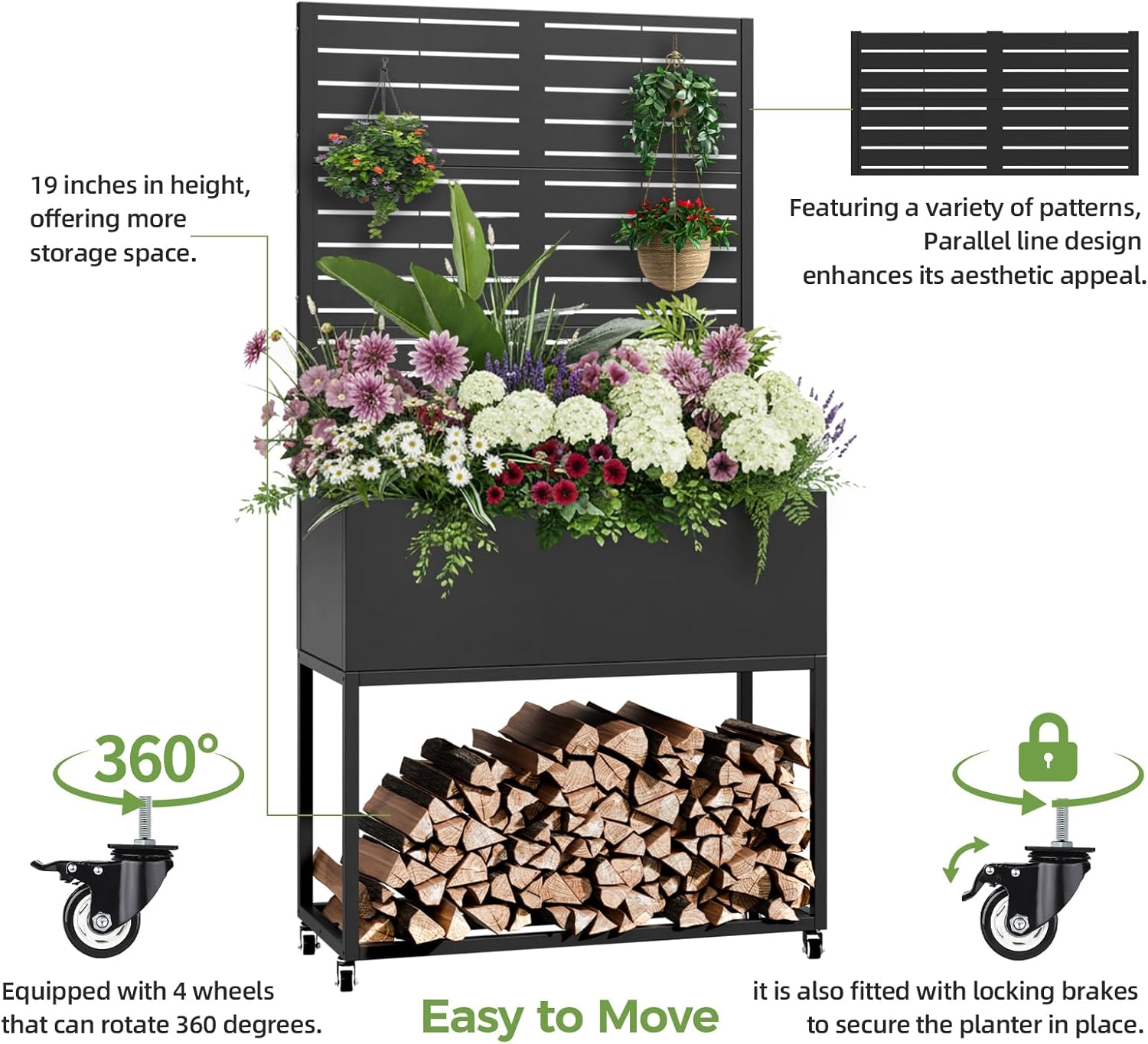 Metal Planter Box with Trellis, 67"x35"x16"Metal Raised Garden Bed with Drainage Holes, Raised Garden Beds Outdoor, Privacy Planters Trellis for Climbing Plants, Patio,Garden, Wheels, Black