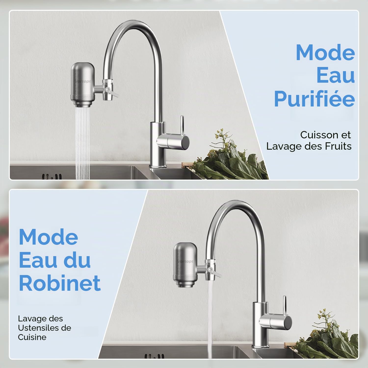 Vortopt Filtre eau Robinet en Acier Inoxydable, Système de Filtration d'eau à Bloc de Carbone, Filtre à eau du Robinet, Réduit Chlore, Mauvais Goût et Odeur, T2 (1 Filtre Inclus)