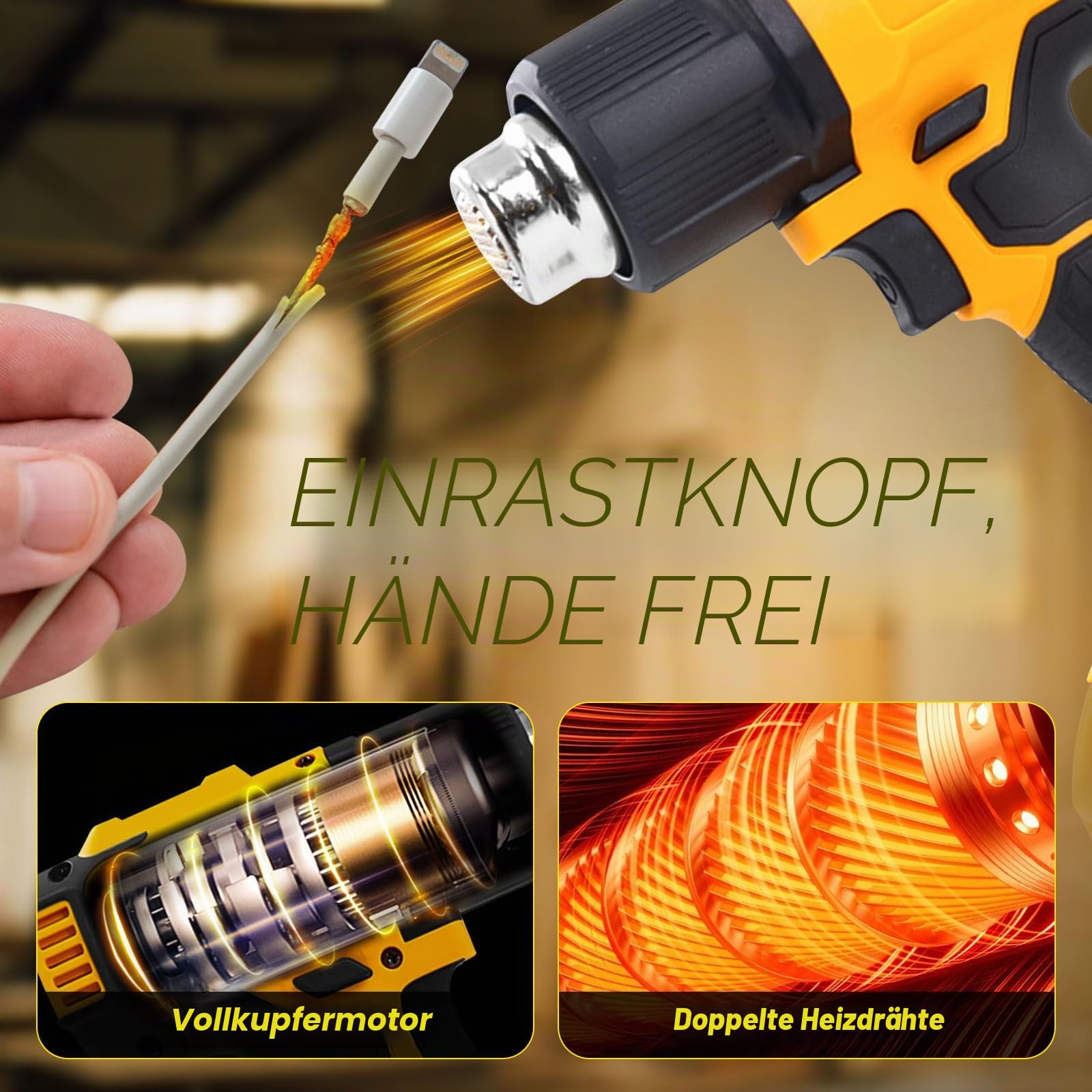 Akku-Heißluftpistole für Dewalt 20V Akku, 50℃-550℃ Heißluftpistole mit Digitalanzeige, Schnellheizung Kabellose Heißluftpistole, Einstellbare Temperatur und Luftstrom mit 5 Düsen