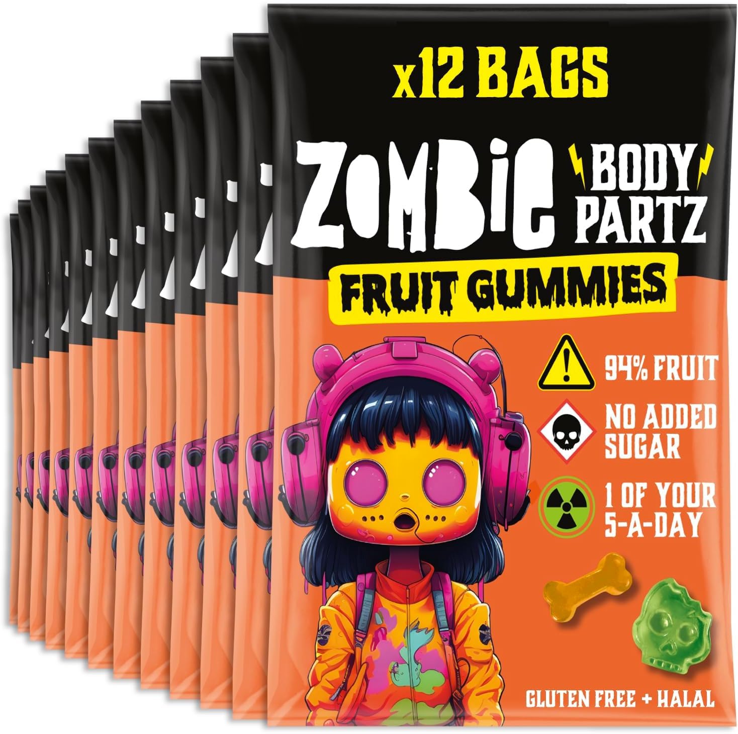 Zombie 94% Fruit Gummies (12 Bags), No Added Sugar Halloween Sweet Bags, Vegan, Healthy Snacks, Adults, Kids, Low Calorie, Gluten Free, Halal, Bulk, Jelly, Vegetarian, Party, Trick or Treat CandyClimatePartner certified