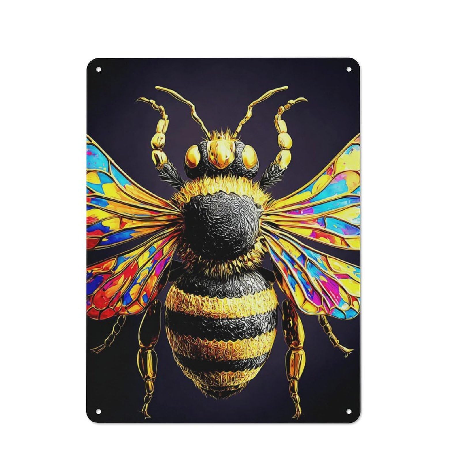 Junmoney Golden Bee With Multicolored Wings -1 Tin Wall Plaque 40X30cm With For Garage Or Workshop, For An Autumn Wall Display In Garage And Workshop