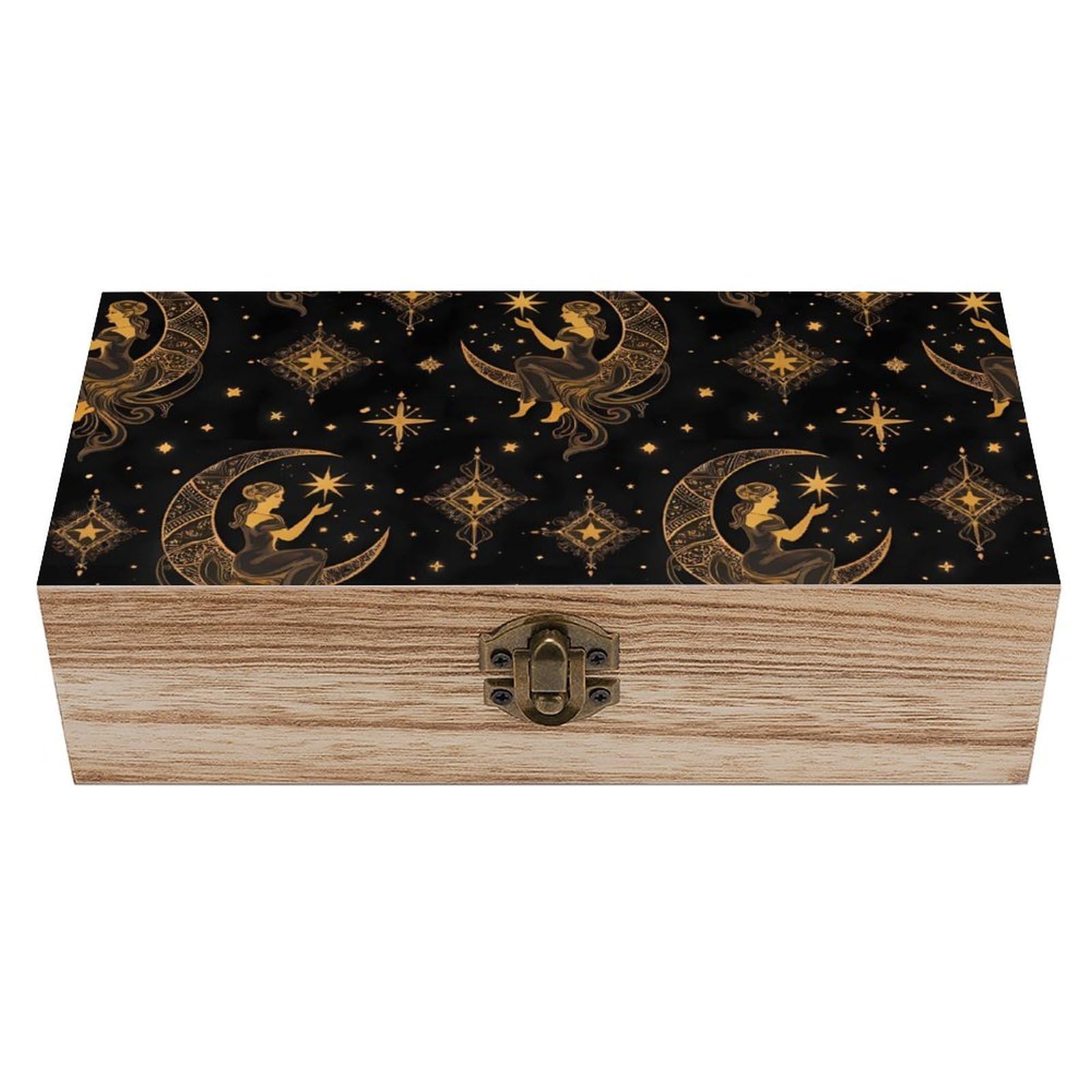 SMAZDFXX Sacral Night Women on Moon Wooden Storage Box With Hinged Lid Decorative Front Clasp Keepsake Boxes