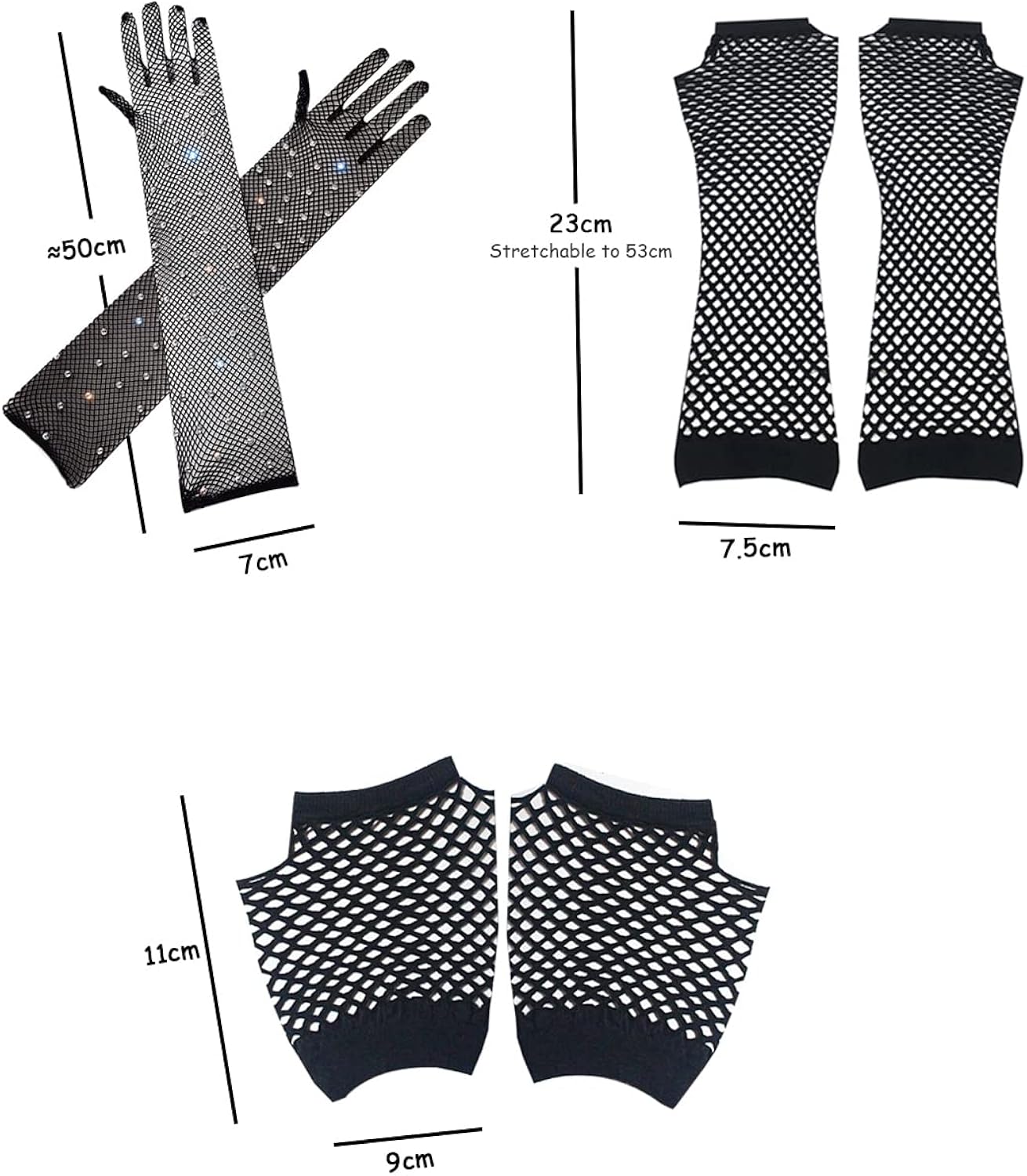 3 Pairs Pack of Long and Short Gloves, Fingerless Mesh Vintage