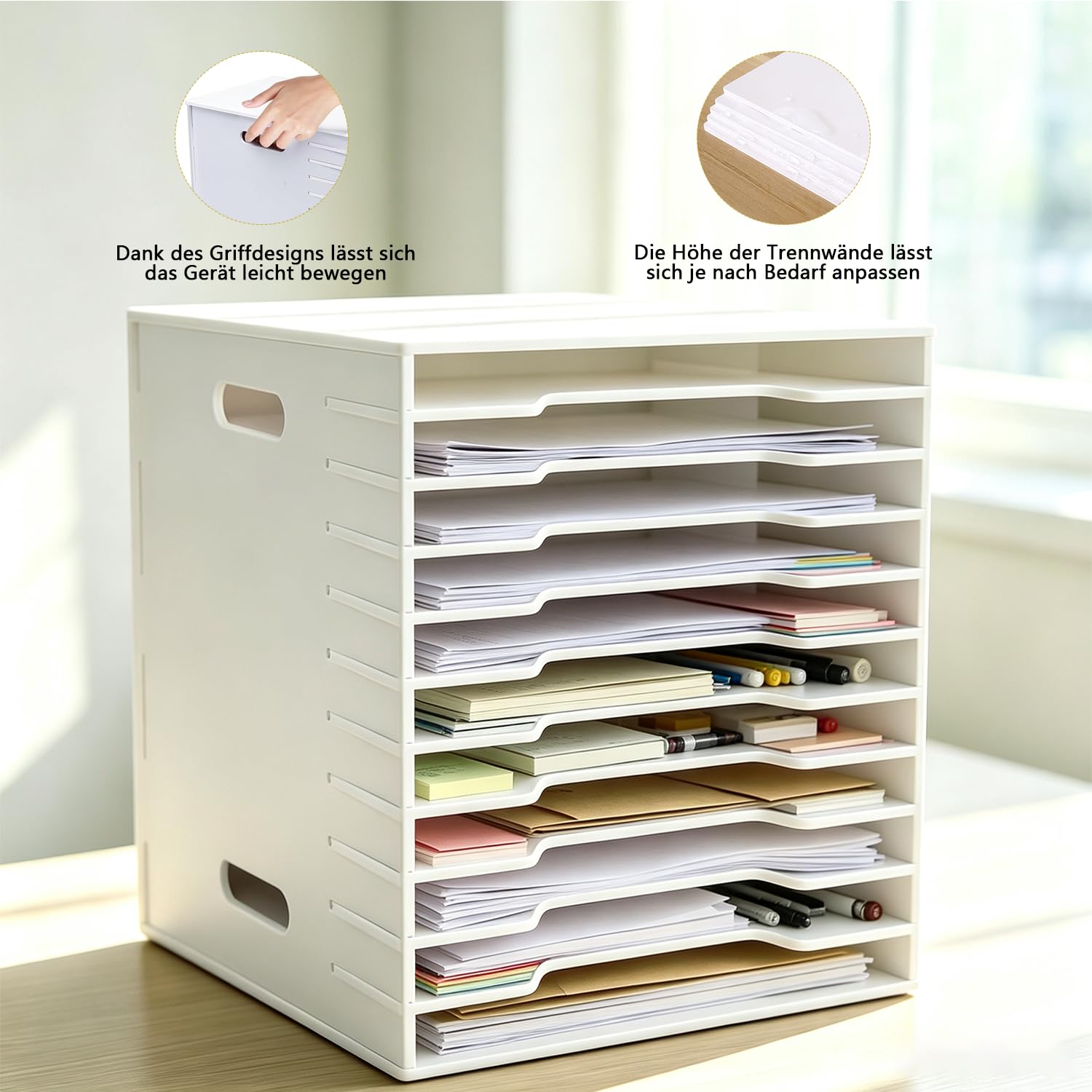 Scrapbook Papier Organizer A4, 12 Ebenen Dokumentenablage für Schreibtisch, Multifunktionales Stapelregal für Büro & Schule, Stapelbar, Pflegeleicht, Langlebig, Effizient, 26,2x33x29,5 cm, Weiß