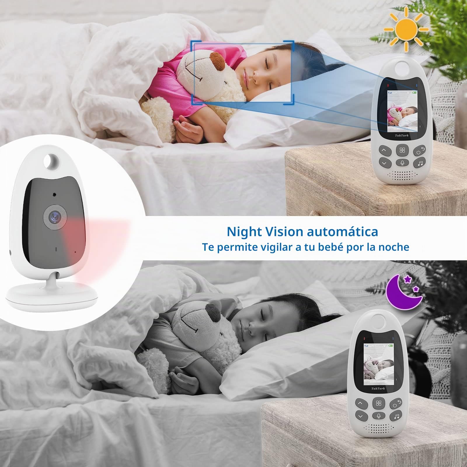 TakTark Vigilabebes con Camara, Inalámbrico Camara Vigilancia Bebe Inteligente Monitor Bebé con LCD 2.0'' y Cámara Visión Nocturna, Comunicación Bidireccional, VOX y Vigilancia de la Temperatura