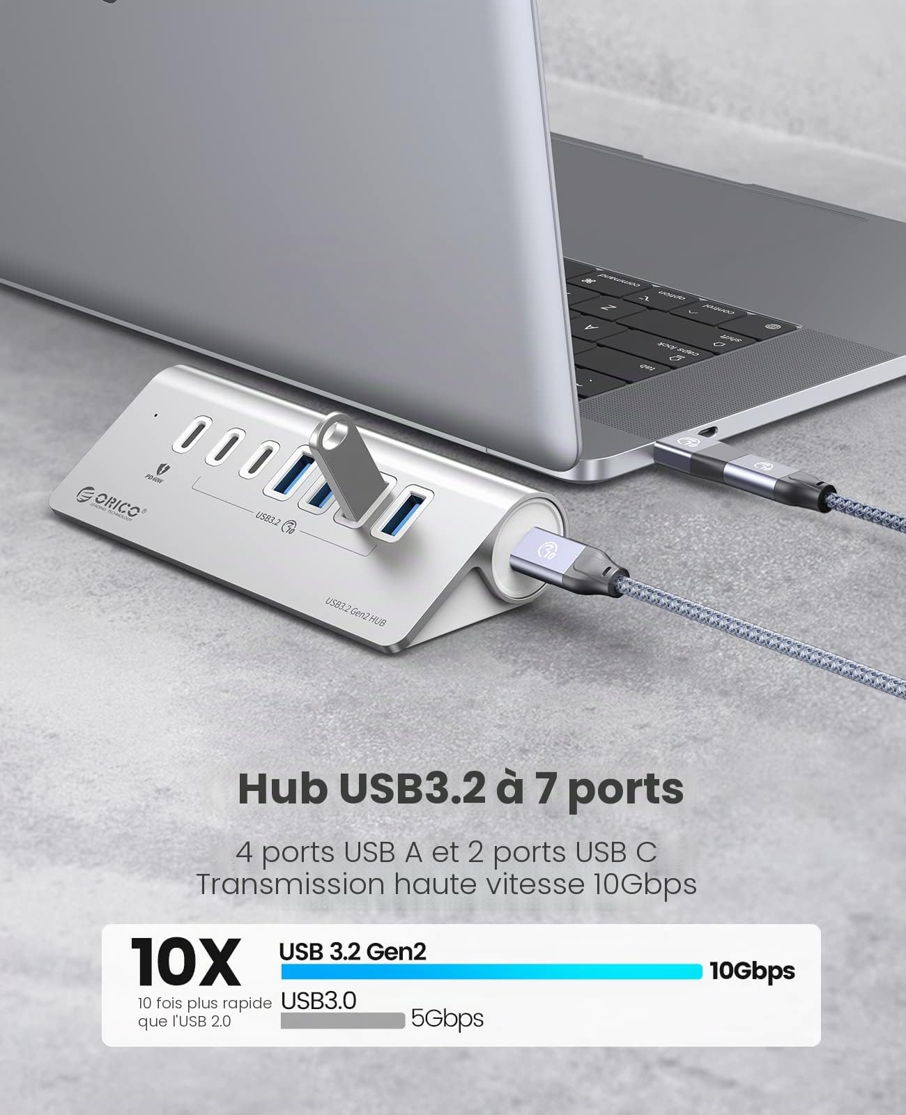 Hub USB, ORICO Hub USB C 3.2 Gen 2 alimenté à 7 ports 10 Gbit/s avec 4 USB A, 2 USB C, PD 60 W, adaptateur d'alimentation 24V/3A, répartiteur USB en aluminium avec 0.5m câble pour Macbook, Macbook Pro