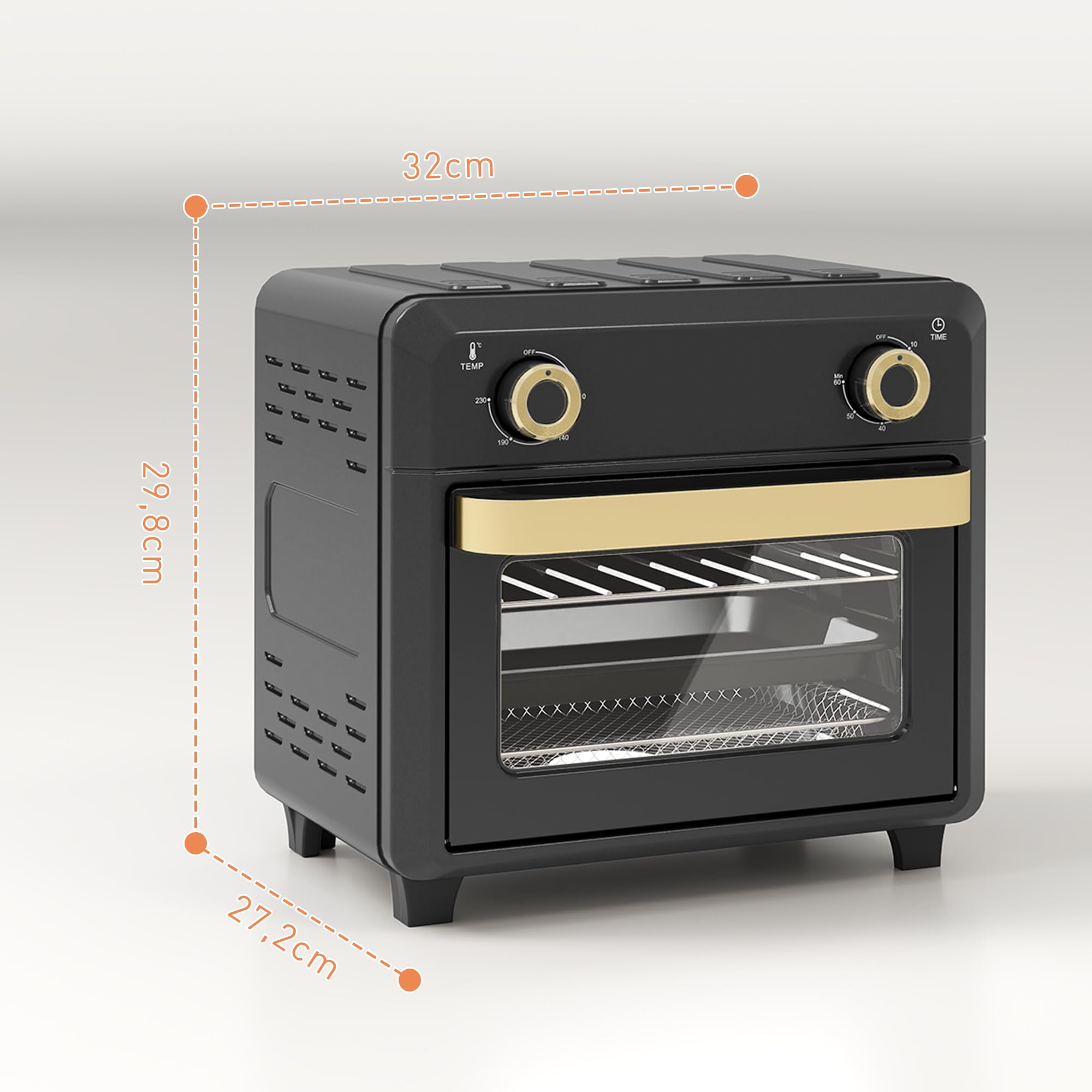 HOMCOM Mini-four à chaleur tournante, 10L friteuse à chaleur tournante, Petit four avec minuterie 60 min et éclairage intérieur, 80-230℃, 3 niveaux de chargement, accessoires résistant au