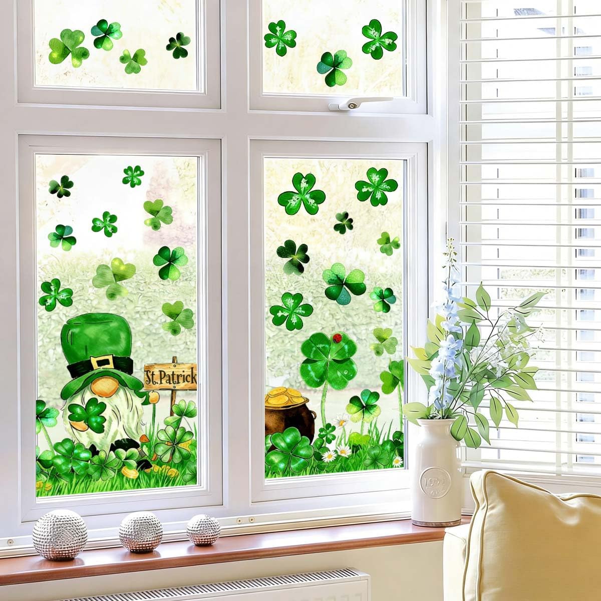 6 Sheets St. Patrick' s Day Window Clings Leprechaun Gnome Lucky Clover Window Decals Watercolor Shamrock Coins Double-Sided Reusable for Home School Office Decor Irish Party Supplies image 4