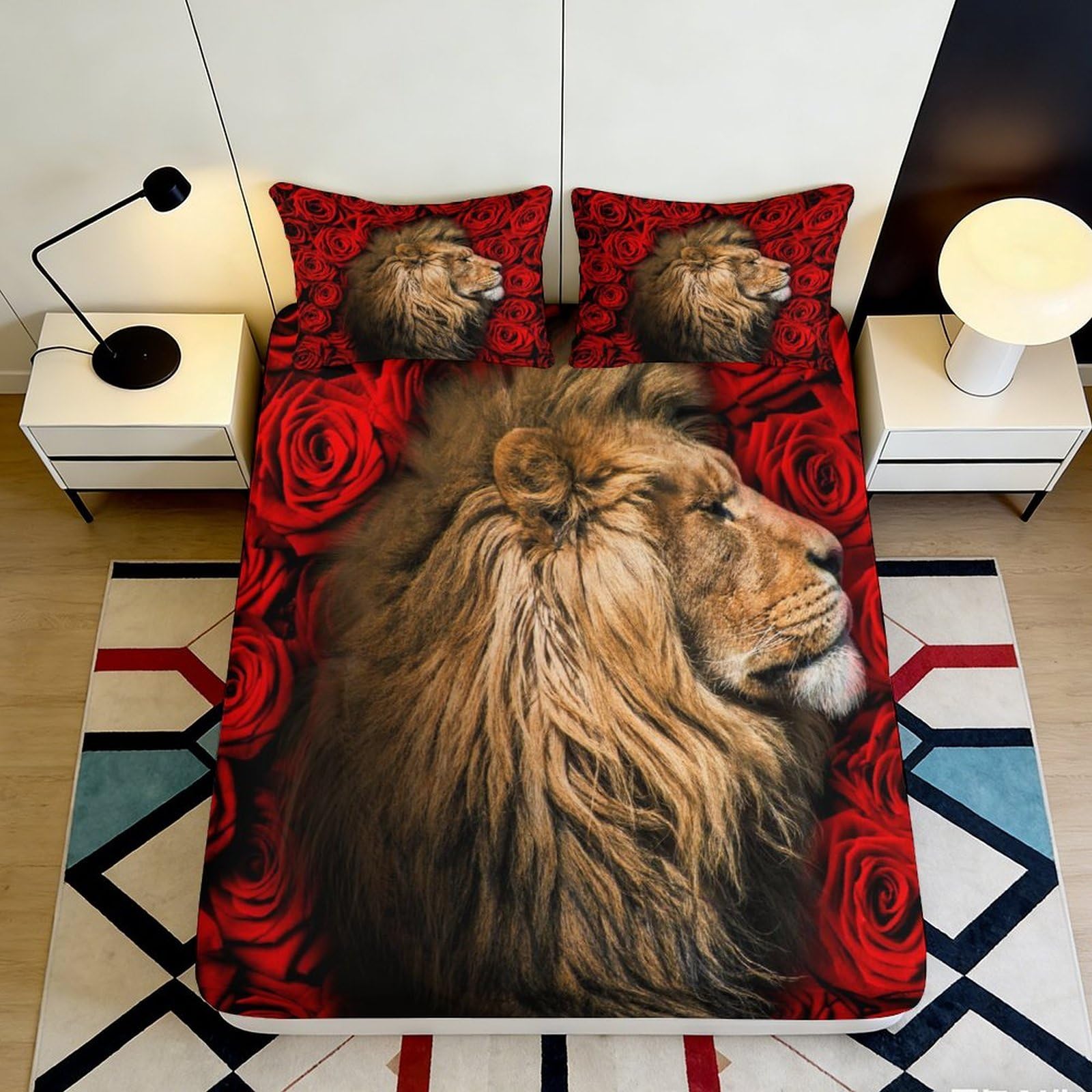 Decorative Lion Pattern Fitted Sheet 3D Printed, Microfiber Soft Touch, Wrinkle Resistant Apartment Bedding, Bedroom Decor Bed Cover 180x200x25cm