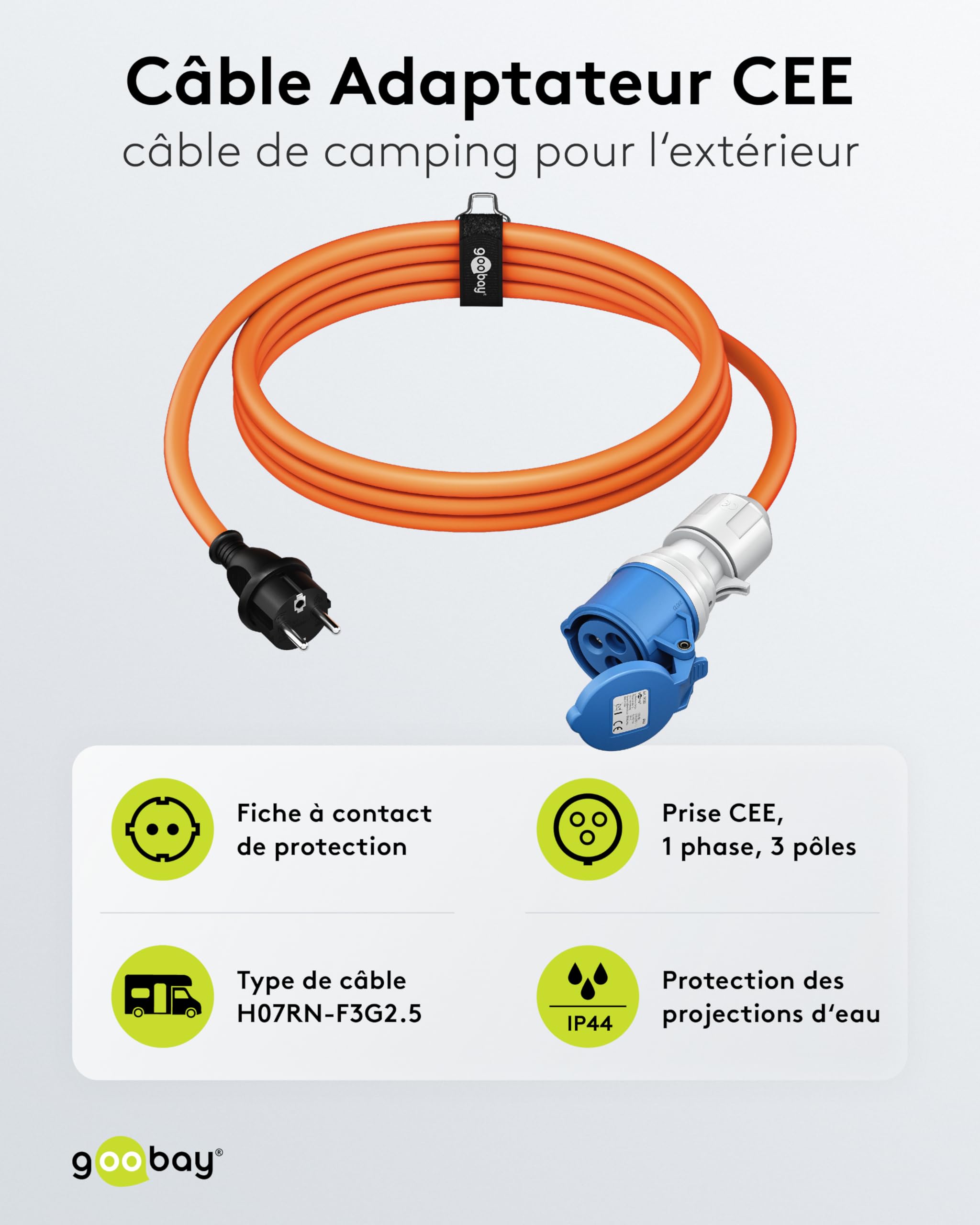 goobay Câble Adaptateur CEE pour Caravane, 5 m, Prise avec Contact de Protection vers Prise CEE avec Couvercle de Fermeture, IP44, câble de Camping, Camping-Car et Caravane 76219
