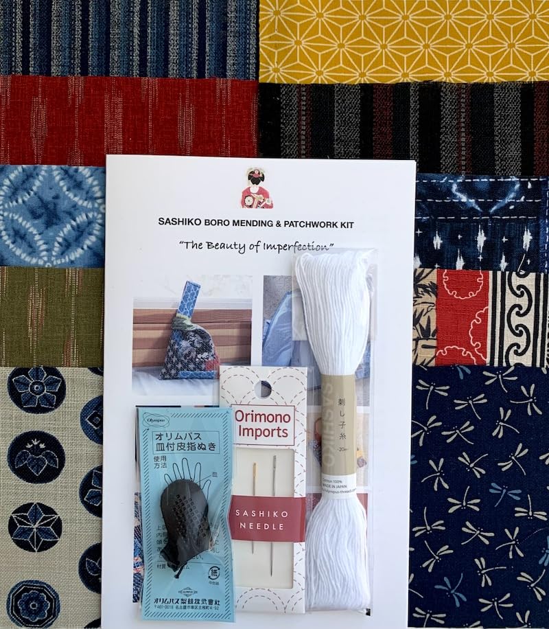 Japanese Boro Stitching Kit #633: 10 Piece Fabric Pack, Thread, Needles, Thimble