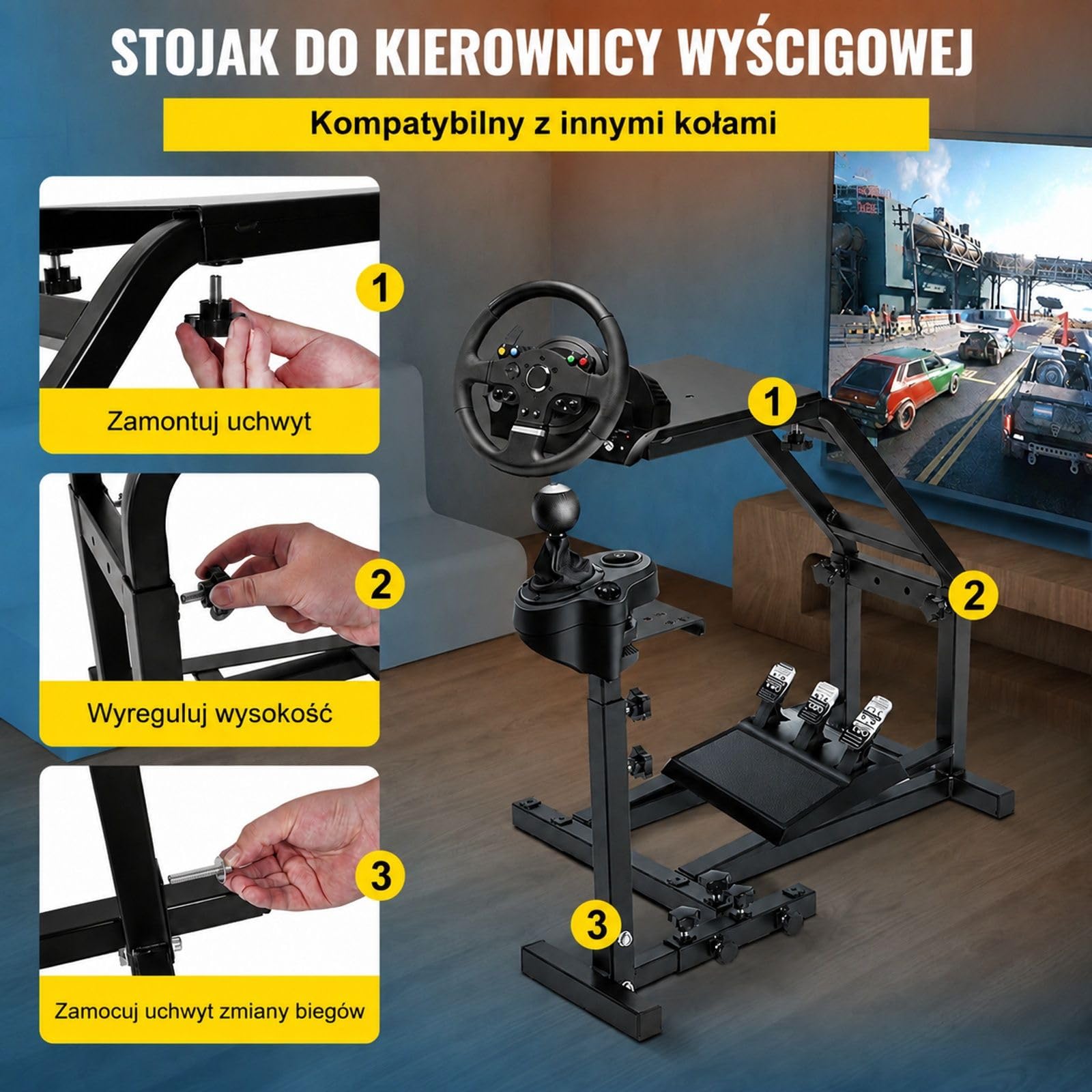 Stojak do symulatora wyścigowego na kierownicę i pedały, z regulacją wysokości i odległości, uchwytem na drążek zmiany biegów i stalową ramą