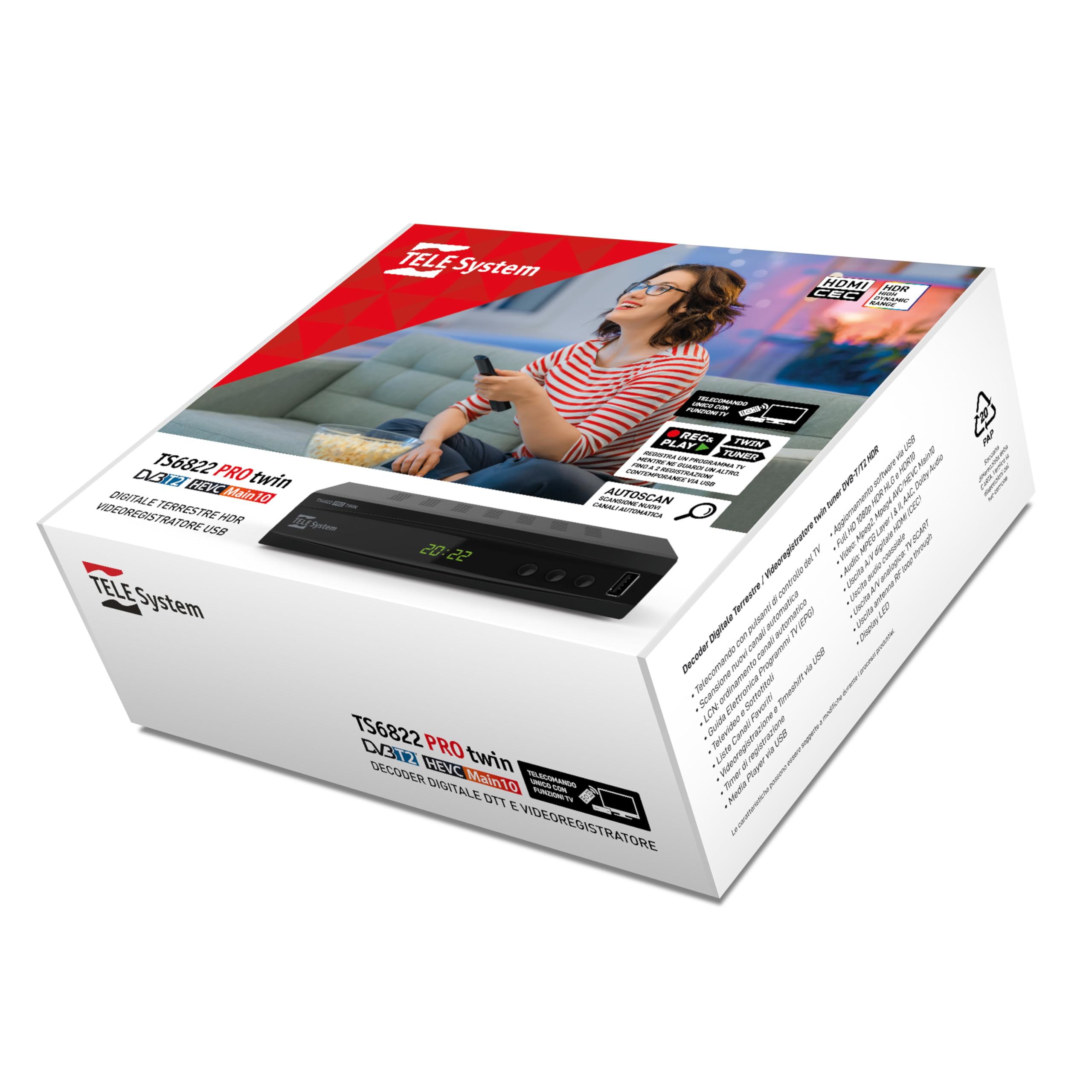 TELE System TS6822 PRO DVB-T2 HEVC cyfrowy dekoder naziemny i rejestrator wideo z dwoma tunerami DVB-T2 HD HDR (HDR10/HLG) z wyświetlaczem i pilotem zdalnego sterowania 2 w 1 ze sterowaniem