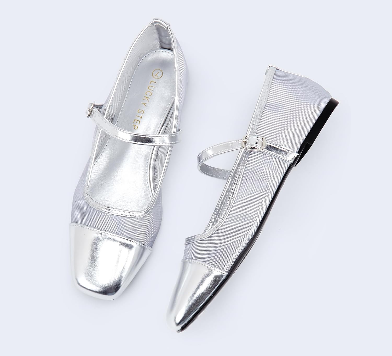 LUCKY STEP Women's Mesh Buckle Flats Mary Jane Square Toe Ballet Dress Adjustable Strap Block Heel Casual Daily Formal Wedding Shoes