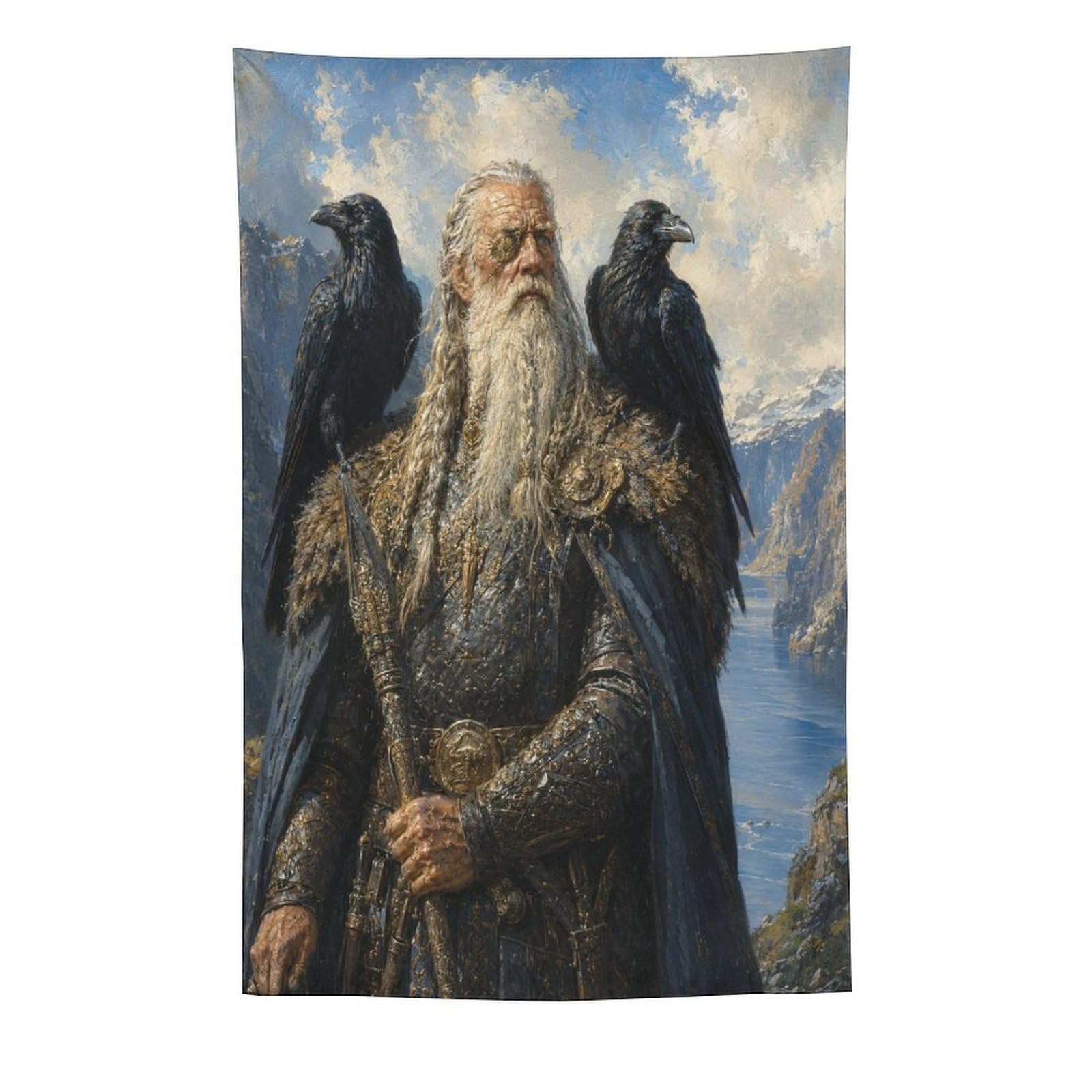 H3B8U2Y5 Odin with Ravens Wall Tapestry, Realistic Illustration, Entryway