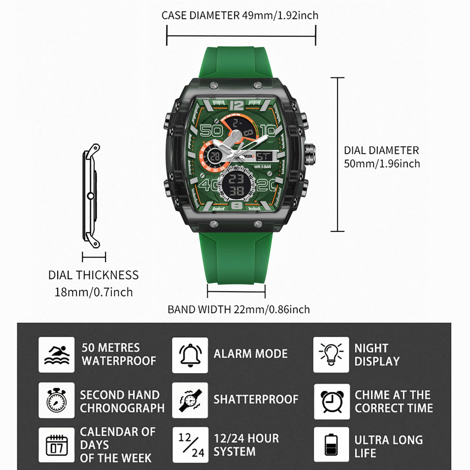 findtime Reloj digital para hombre, rectangular, deportivo, digital, analógico, cronómetro, militar, para niños, para exteriores, 5 ATM, resistente al agua, deportiva