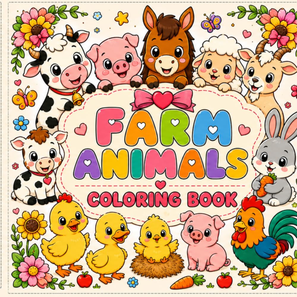 Farm Animals Coloring Book: 50 Cute and Easy Farm Animal Coloring Pages for Kids