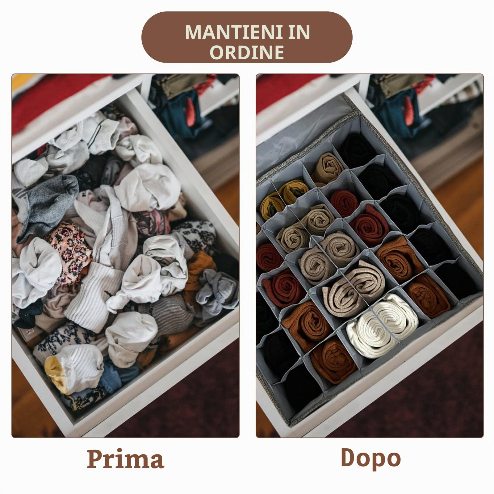 PINGMIC Organizer per Cassetti e Calzini, Confezione da 2 Con Coperchio, 30 Scomparti, Pieghevole, per Armadio, Biancheria Intima, Reggiseni, Fazzoletti