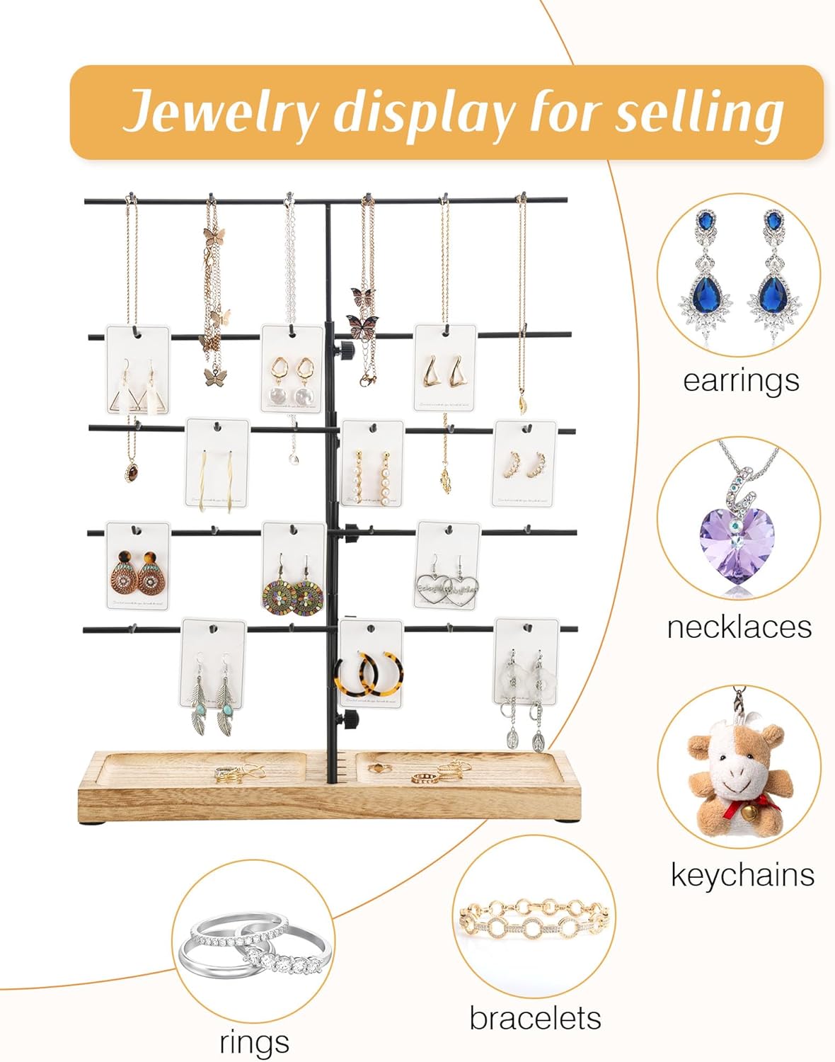 HULISEN Earring Display for Vendors, Adjustable Height Earring Display Stands for Selling, Jewelry Display for Earrings Card, Earrings Rack Display Holder with Tray, 30 Hooks, Carbonized Brown - Image 5