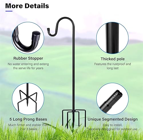 Miniatura 2 de Ganchos de pastor para exteriores, paquete de 2 postes de comedero de pájaros de 94 pulgadas con base de 5 puntas para linterna colgante, comedero