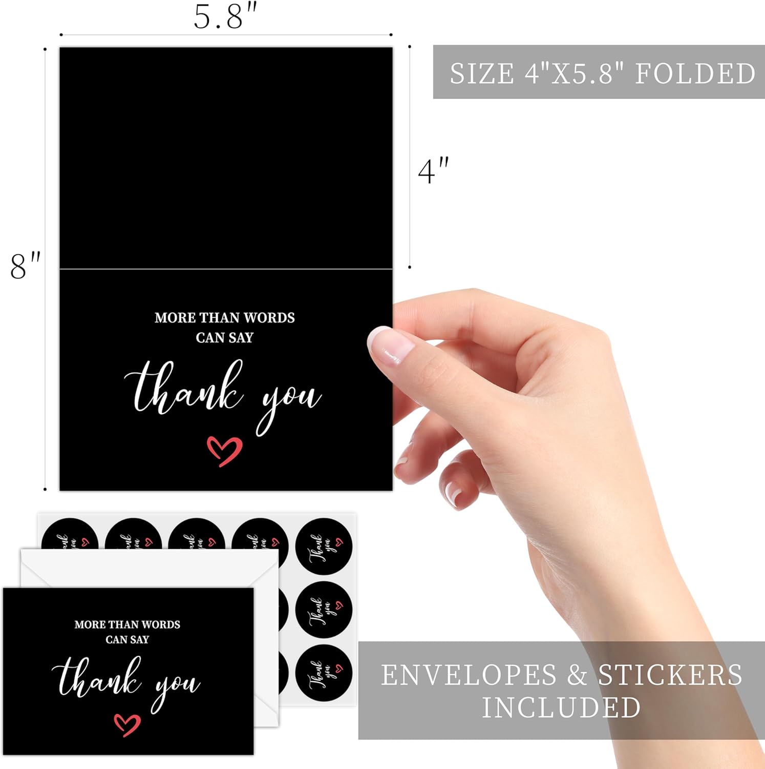 GOLDPEI 30-pack Thank You Cards with Envelopes Bulk & Matching Stickers, 4x6 Blank Thank You Notes for Baby & Bridal Shower, Weddings, Business & Graduations, Black - Image 2