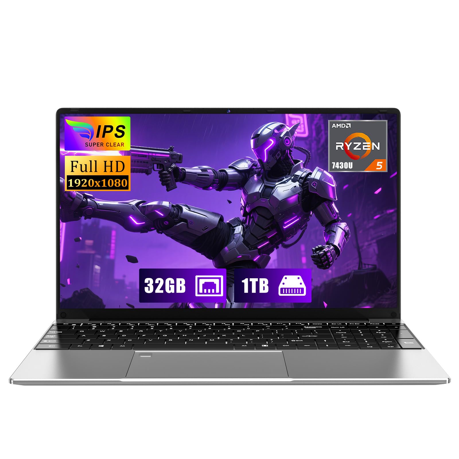 15.6 inch Gaming Laptop, 2025 Laptop Computer Win 11 Pro, 32GB RAM 1TB SSD, R5-7430U (up to 4.3Ghz, Beat 5700U), 15.6" Full HD 1920 * 1080 Display, Radeon Graphics, BT5.0, Office 365