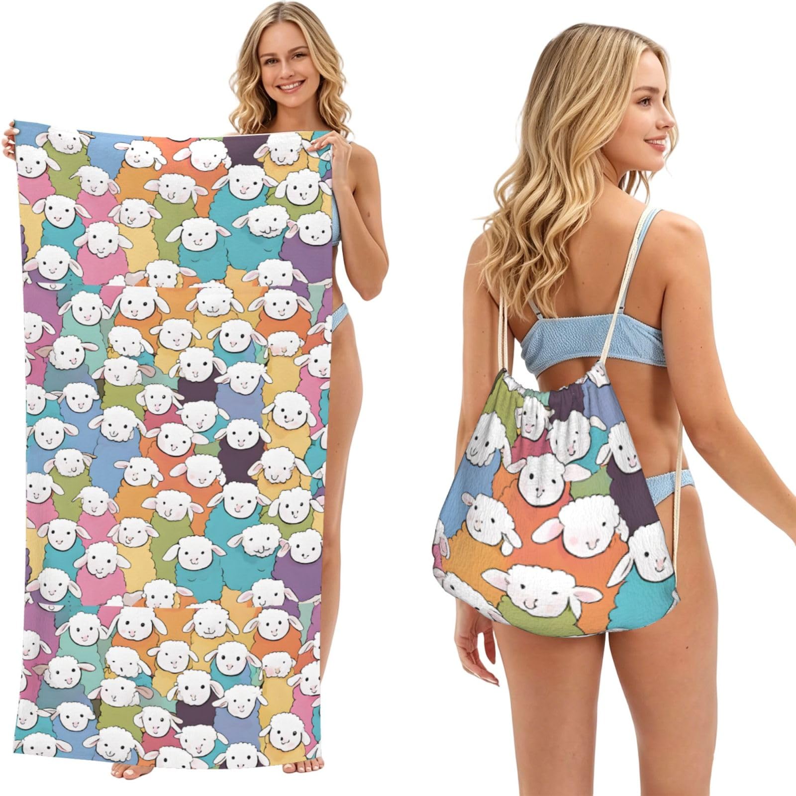 ESNAIUVCD Cute Colorful Sheep Cartoon Pattern Print Beach Towel For Adults,Towel With Drawstring Bag, Travel Pool Swimming Sports Shower Sand Free Quick Dry Bath Towel For Pool, Beach, Yoga- 180x60cm