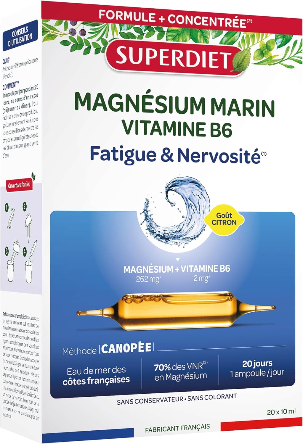 SUPERDIET – Marine Magnesium and Vitamin B6 – Reduction of fatigue, Good functioning of the nervous system-Lemon taste-20 ampoules of 10 ml