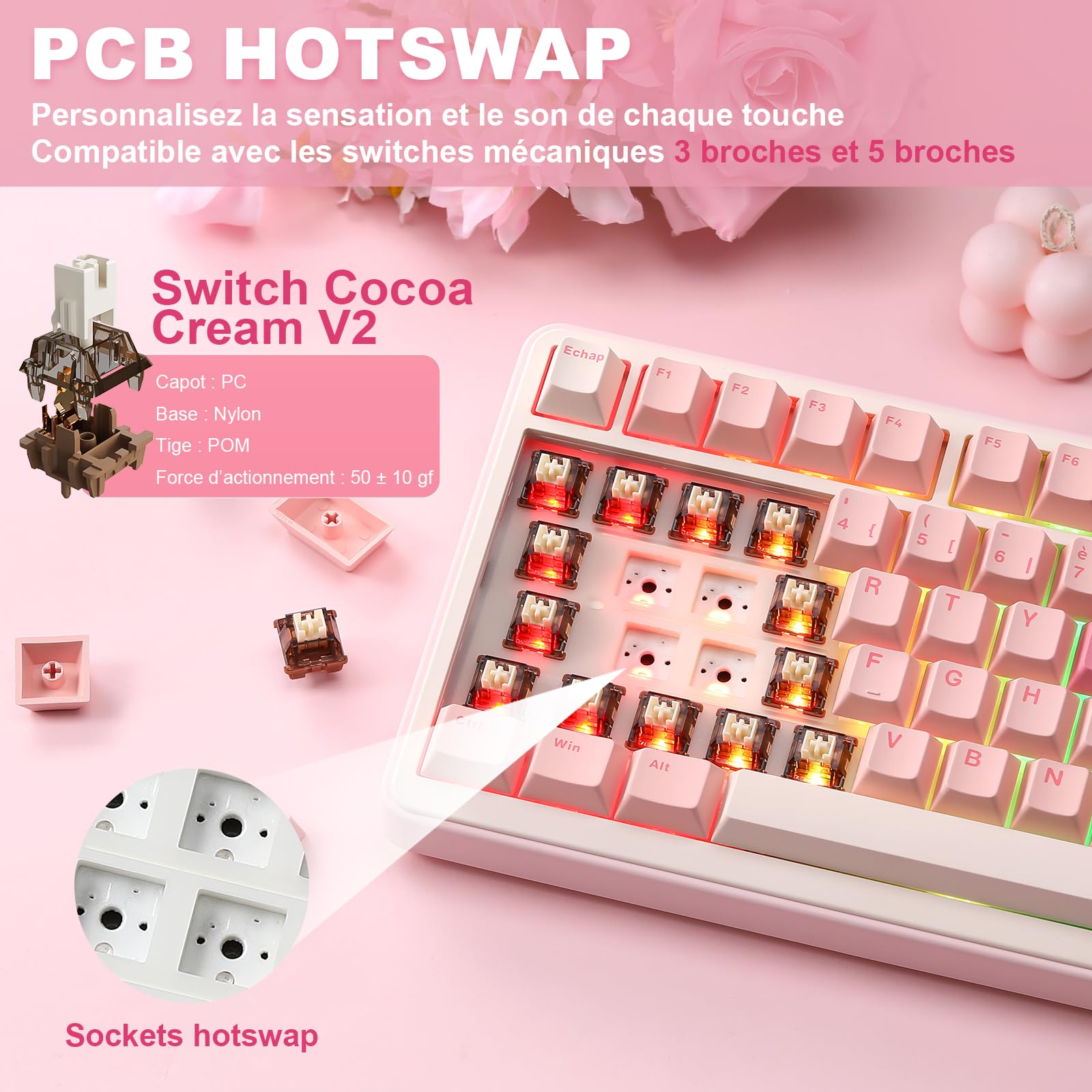 YUNZII B75 PRO Tastiera Meccanica Wireless, 75% Layout FR AZERTY, Tastiera da Gioco con Struttura Gasket, Hot-swap e Manopola, RGB, Connettività BT/USB-C / 2.4G (Rosa, Cocoa Cream V2 Switch)