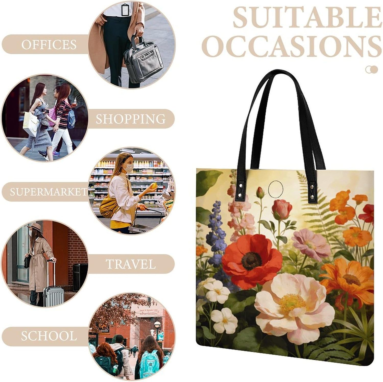 Flowers Plants Tote Bag with Magnetic Buckle Reusable Grocery Bags Lightweight Cross Body Handbag for Daily Essentials