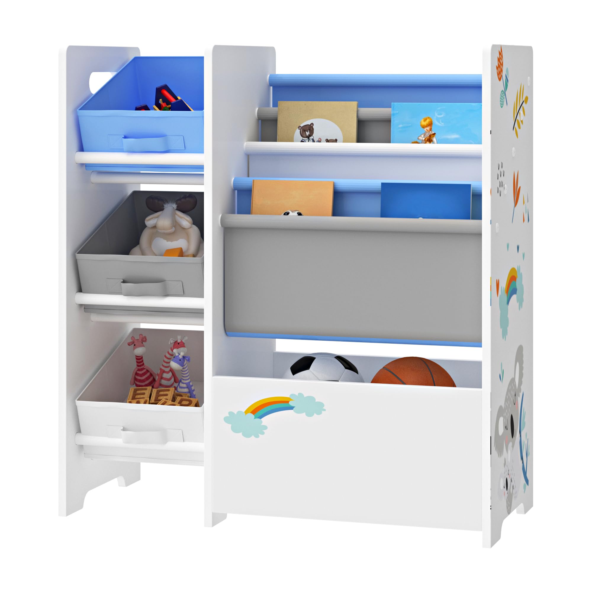 [en.casa] Scaffale per Cameretta con Contenitori Morbidi a Scaletta e 3 Cassetti Pieghevoli Porta Giochi - Mobile a Misura di Bimbi - Decorazione Koala - Blu/Bianco
