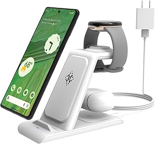 HATALKIN Wireless Charger Stand for Google Pixel Watch,Google Pixel 7/7 Pro/6/6 Pro/5/4/3/XL,Pixel Buds Pro,3 in 1 Charger for iPhone 14/13/Samsung S23/S22,Air-pods/Galaxy Buds(White)