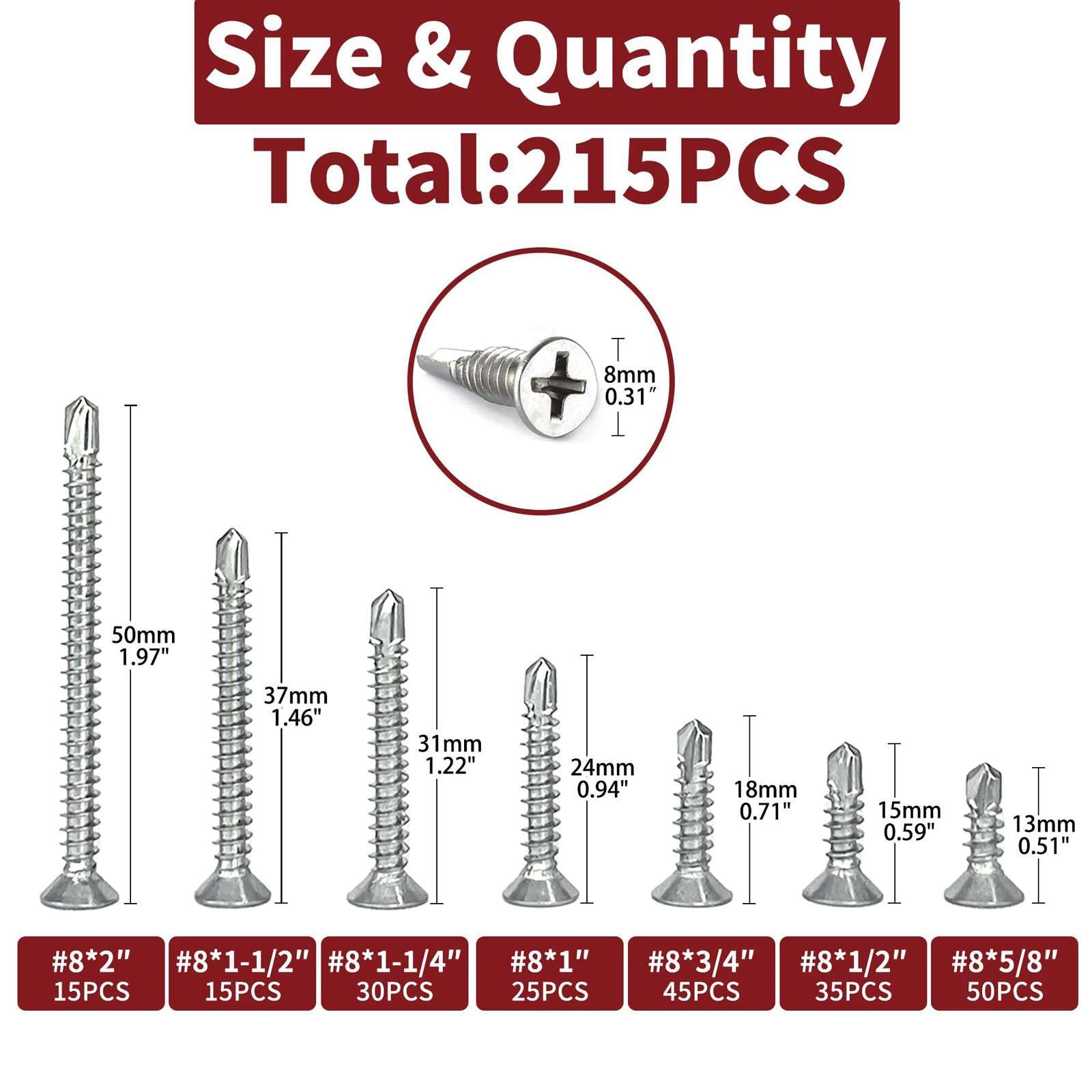 215pcs in Acciaio Inox 410 Testa Piatta Viti autoperforanti Croce Vite autoperforante a Coda di Rondine Viti autoperforanti